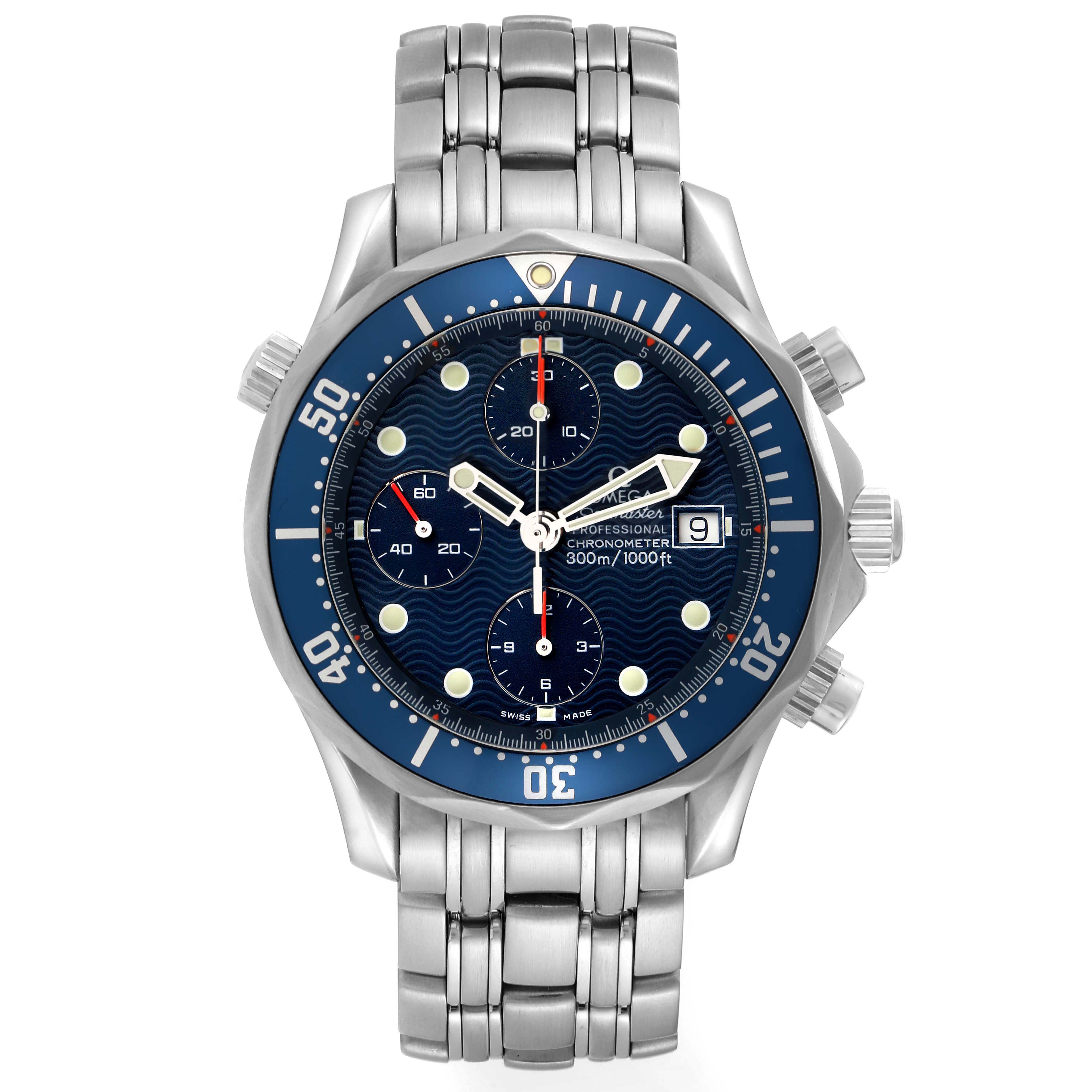 The Omega Seamaster 2599.80.00 Men
s Stainless Steel Blue Dial 2599.80.00 Men
s Stainless Steel Blue Dial watch is shown from the front, highlighting its dial, bezel, and stainless steel bracelet.