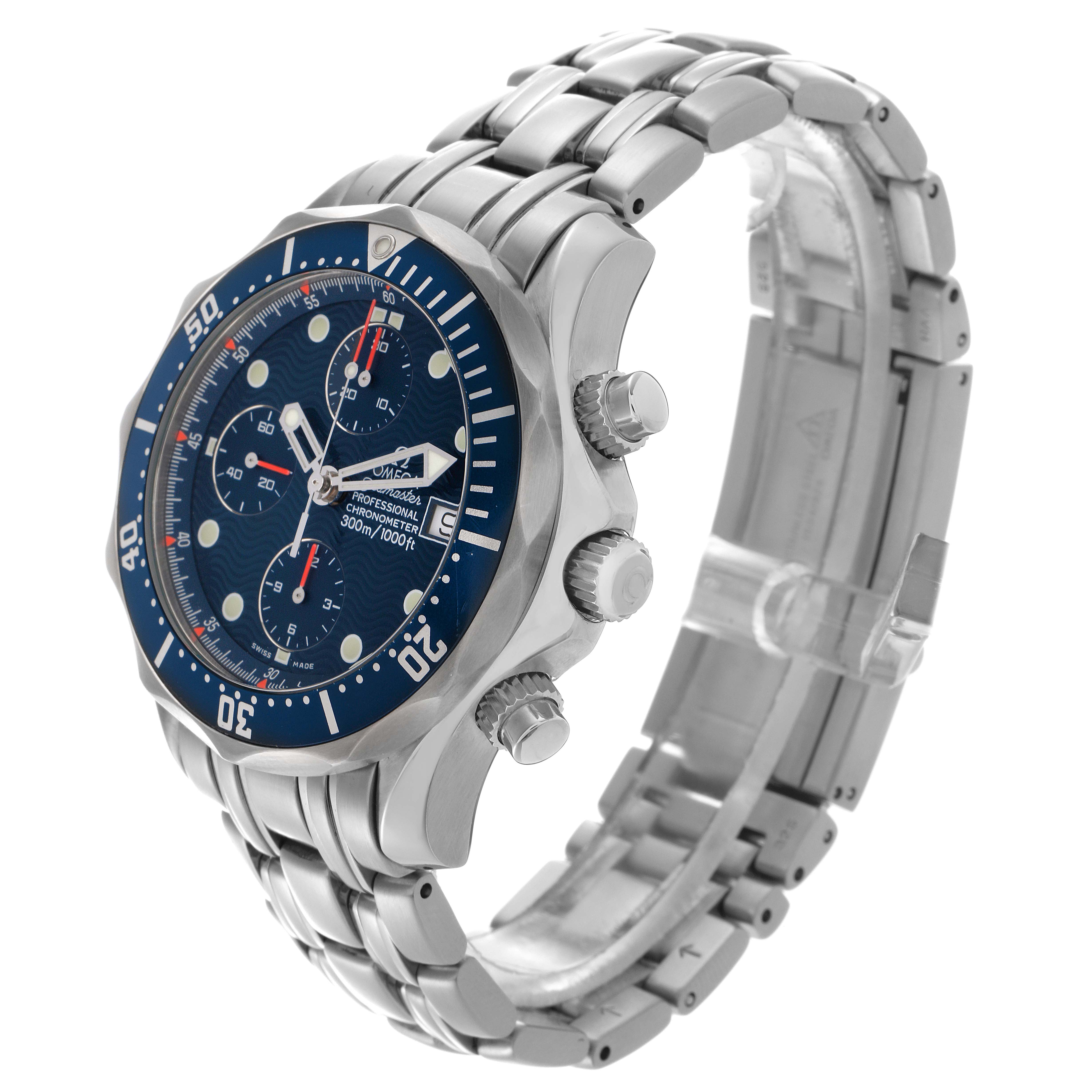 The Omega Seamaster 2599.80.00 Men
s Stainless Steel Blue Dial 2599.80.00 Men
s Stainless Steel Blue Dial watch is shown at a three-quarter angle, highlighting the face, bezel, chronograph buttons, and stainless steel bracelet.