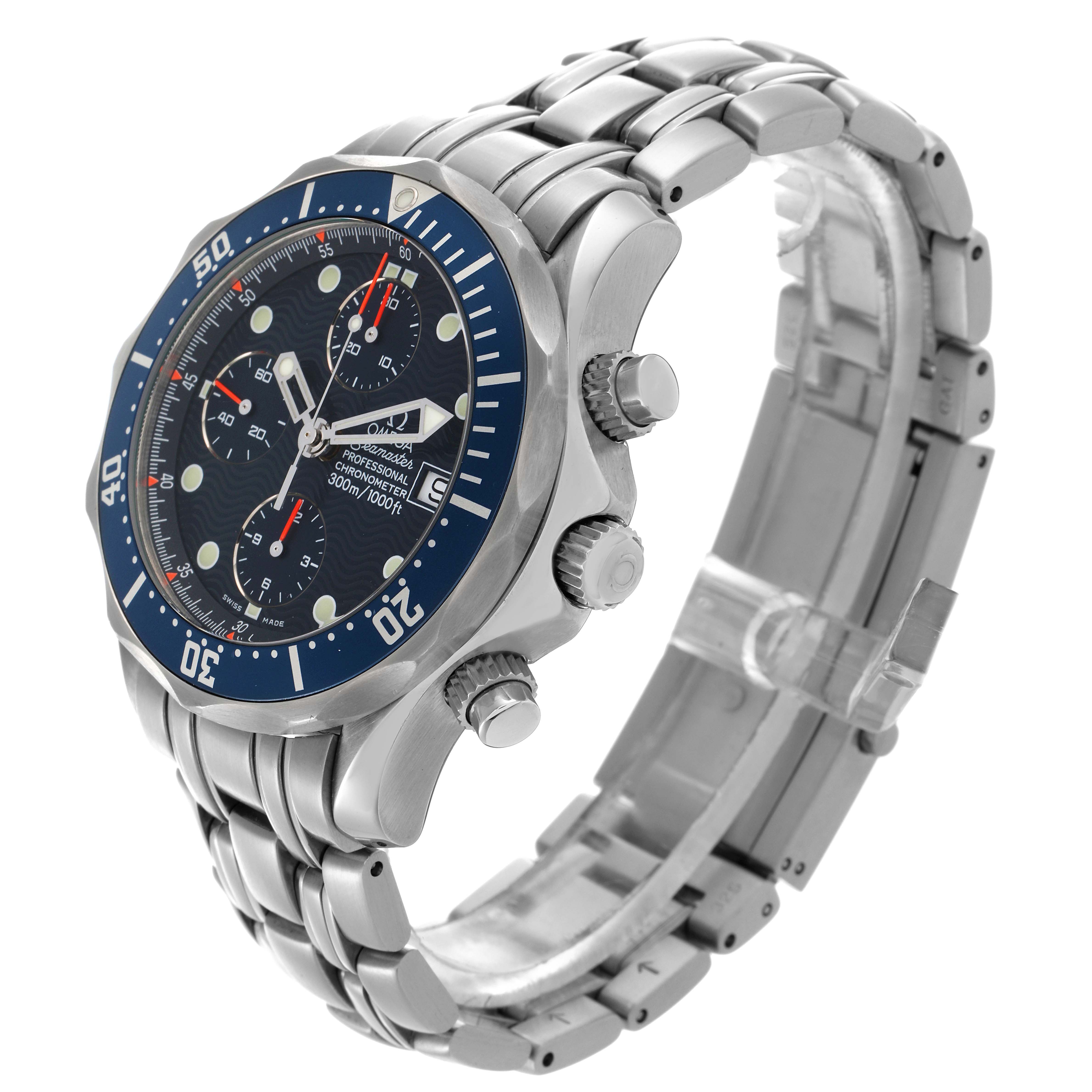 The Omega Seamaster 2599.80.00 Men
s Stainless Steel Blue Dial 2599.80.00 Men
s Stainless Steel Blue Dial watch is shown at a three-quarter angle, highlighting the face, bezel, crown, pushers, and bracelet.