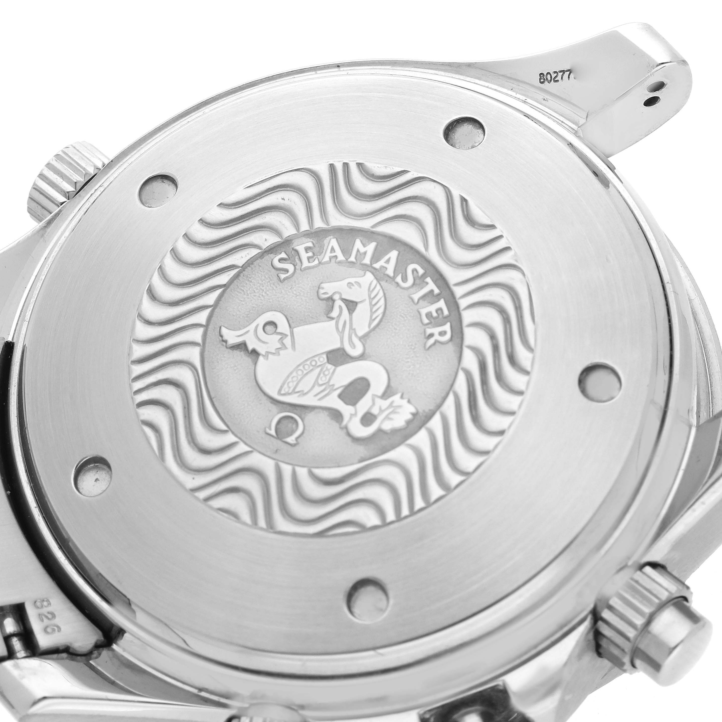 The image shows the case back of the Omega Seamaster 2599.80.00 Men
s Stainless Steel Blue Dial 2599.80.00 Men
s Stainless Steel Blue Dial watch, featuring its emblem and wave pattern.