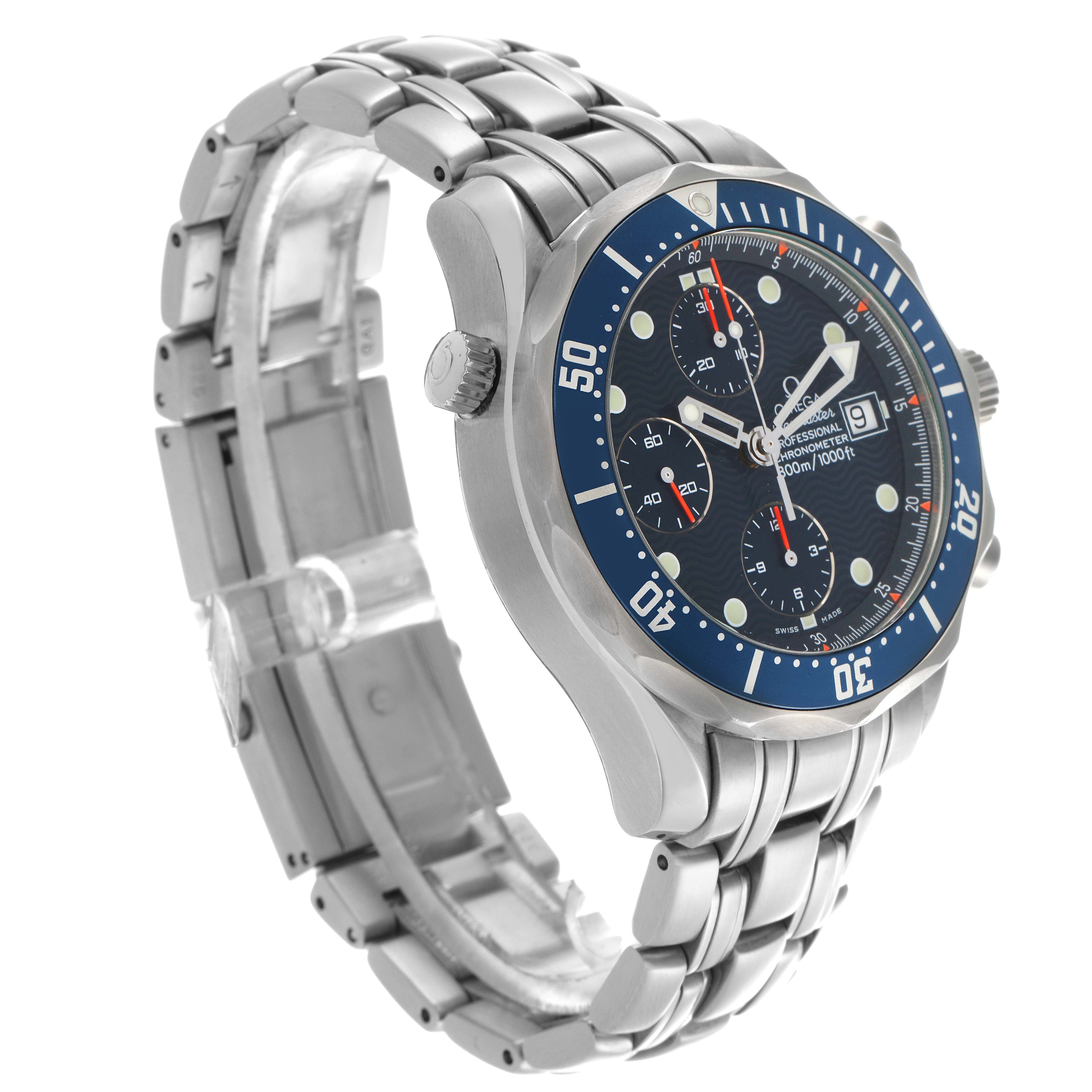 The Omega Seamaster 2599.80.00 Men
s Stainless Steel Blue Dial 2599.80.00 Men
s Stainless Steel Blue Dial watch is shown at a three-quarter angle, highlighting the face, bezel, crown, and bracelet.