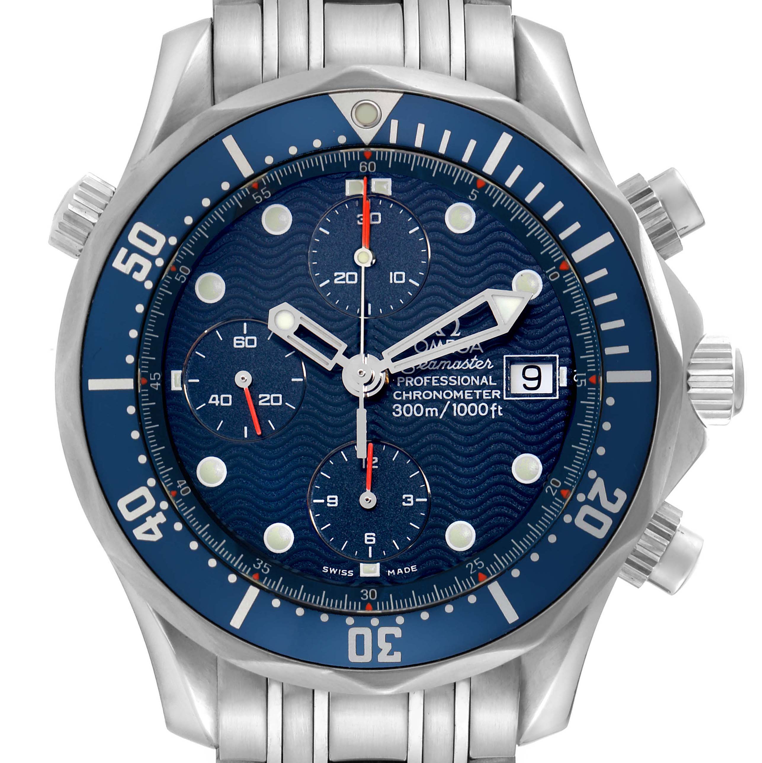 The Omega Seamaster 2599.80.00 Men
s Stainless Steel Blue Dial 2599.80.00 Men
s Stainless Steel Blue Dial watch is shown from the front, displaying the dial, bezel, hands, subdials, and crown.