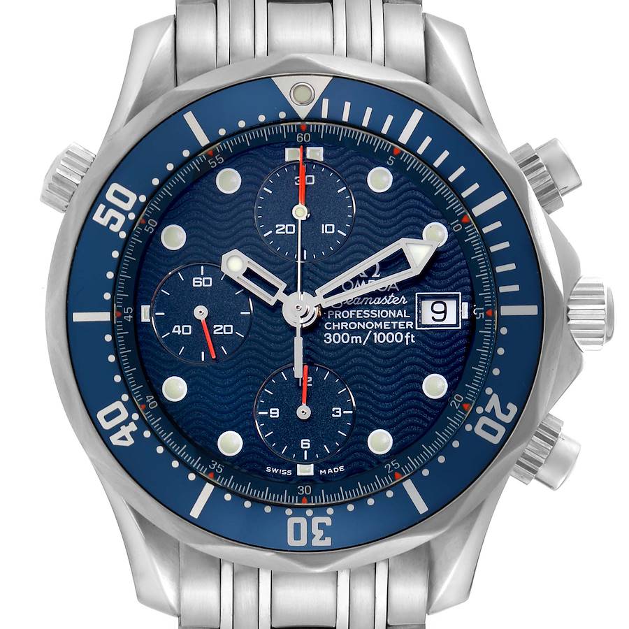 The Omega Seamaster watch is shown from the front, displaying the dial, bezel, hands, subdials, and crown.