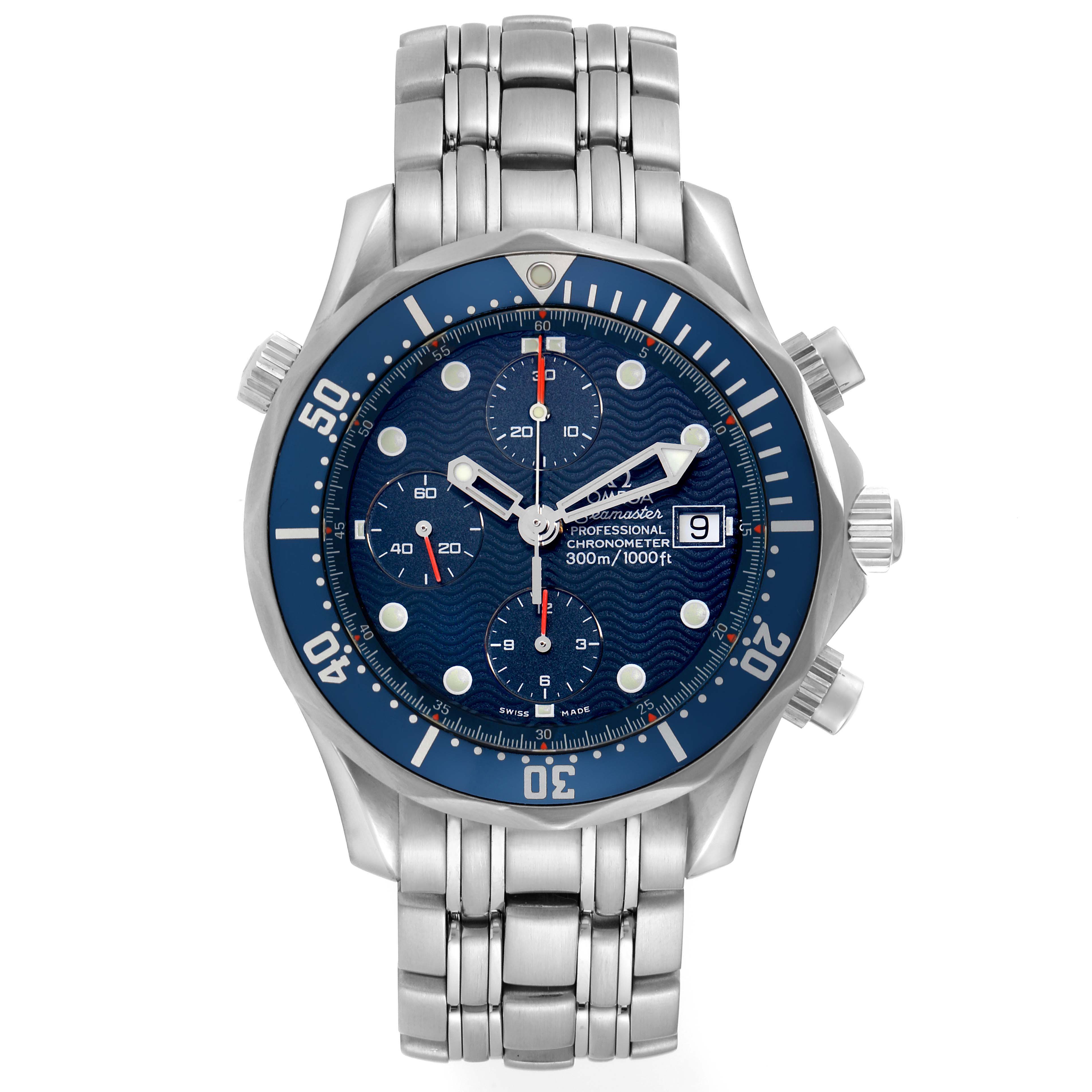 The Omega Seamaster 2599.80.00 Men
s Stainless Steel Blue Dial 2599.80.00 Men
s Stainless Steel Blue Dial watch is shown from a top view, displaying the dial, bezel, crown, pushers, and bracelet.