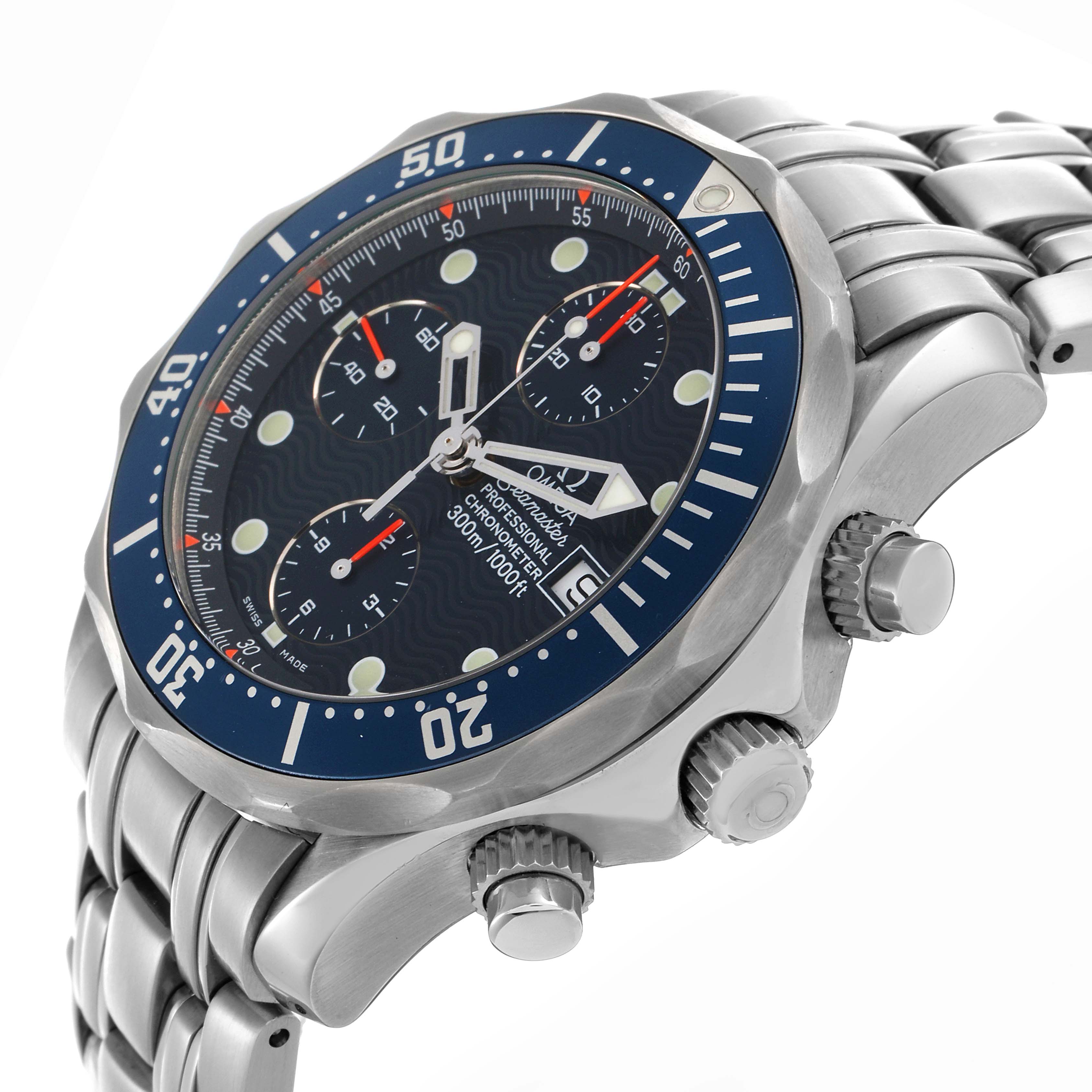 The Omega Seamaster 2599.80.00 Men
s Stainless Steel Blue Dial 2599.80.00 Men
s Stainless Steel Blue Dial is shown at a slight side angle, displaying the watch face, bezel, crown, and bracelet links.