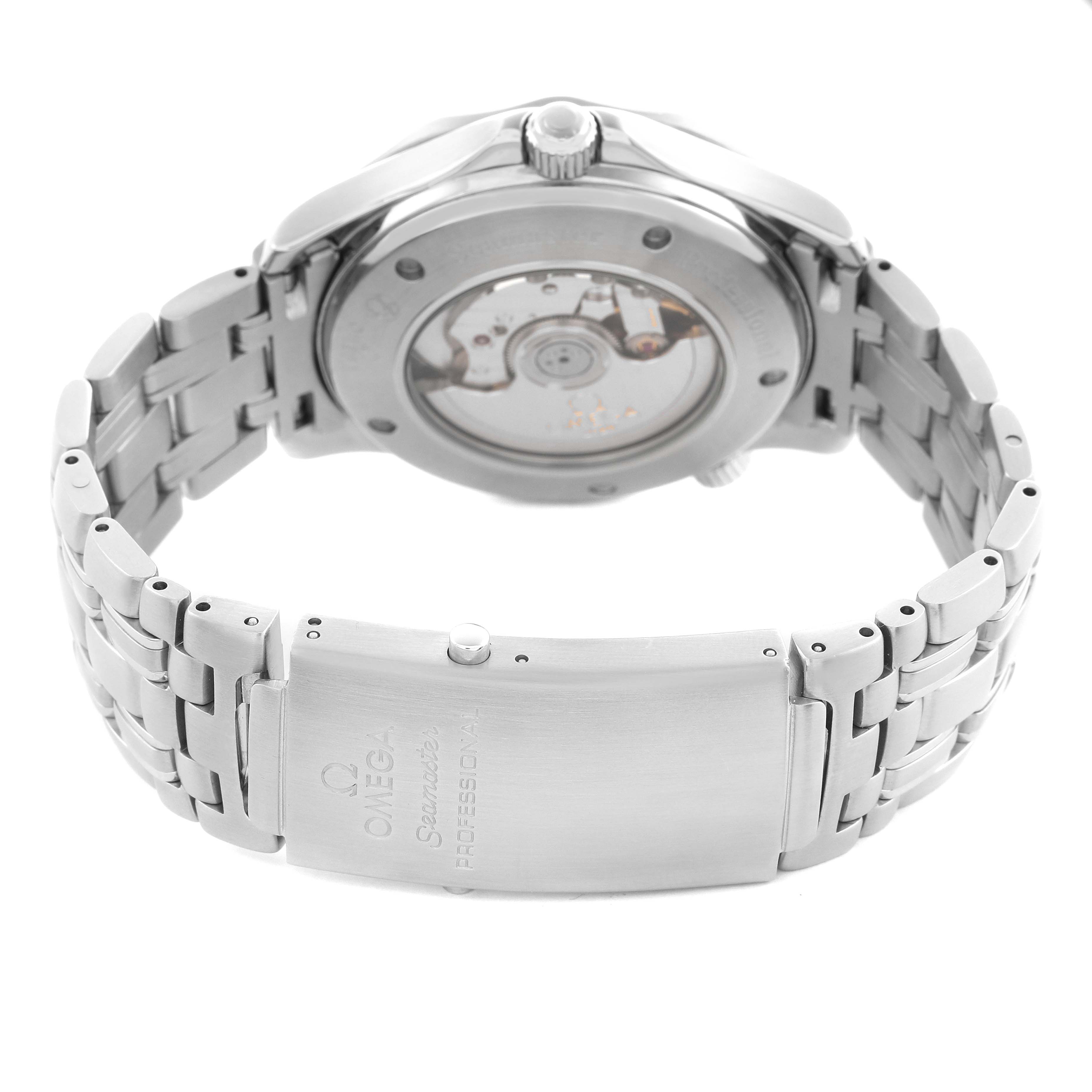 The image shows the back of the Omega Seamaster 2535.80.00 Men
s Stainless Steel Blue Dial 2535.80.00 Men
s Stainless Steel Blue Dial, highlighting the exhibition case back and metal bracelet clasp.