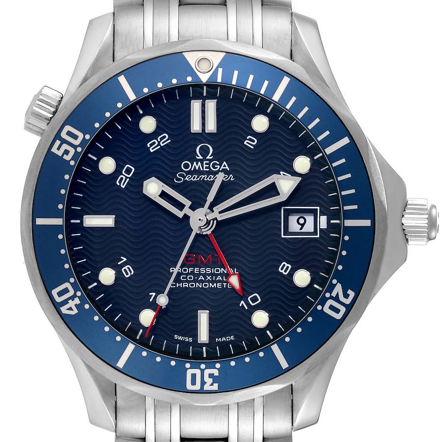 The image shows a front view of an Omega Seamaster watch, highlighting the bezel, dial, hands, and bracelet.