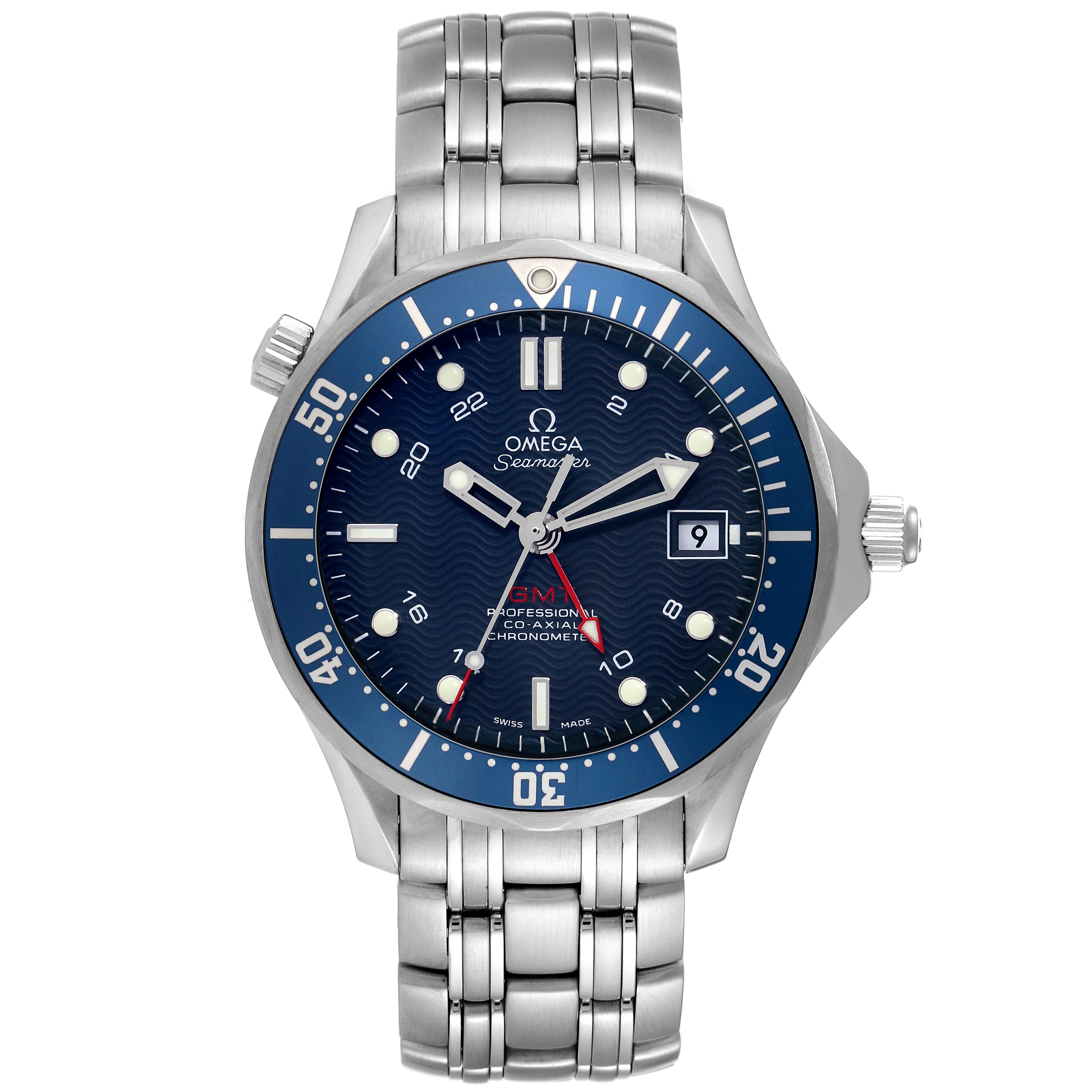The Omega Seamaster 2535.80.00 Men
s Stainless Steel Blue Dial 2535.80.00 Men
s Stainless Steel Blue Dial is shown from a front angle, displaying its face, bezel, and stainless steel bracelet.