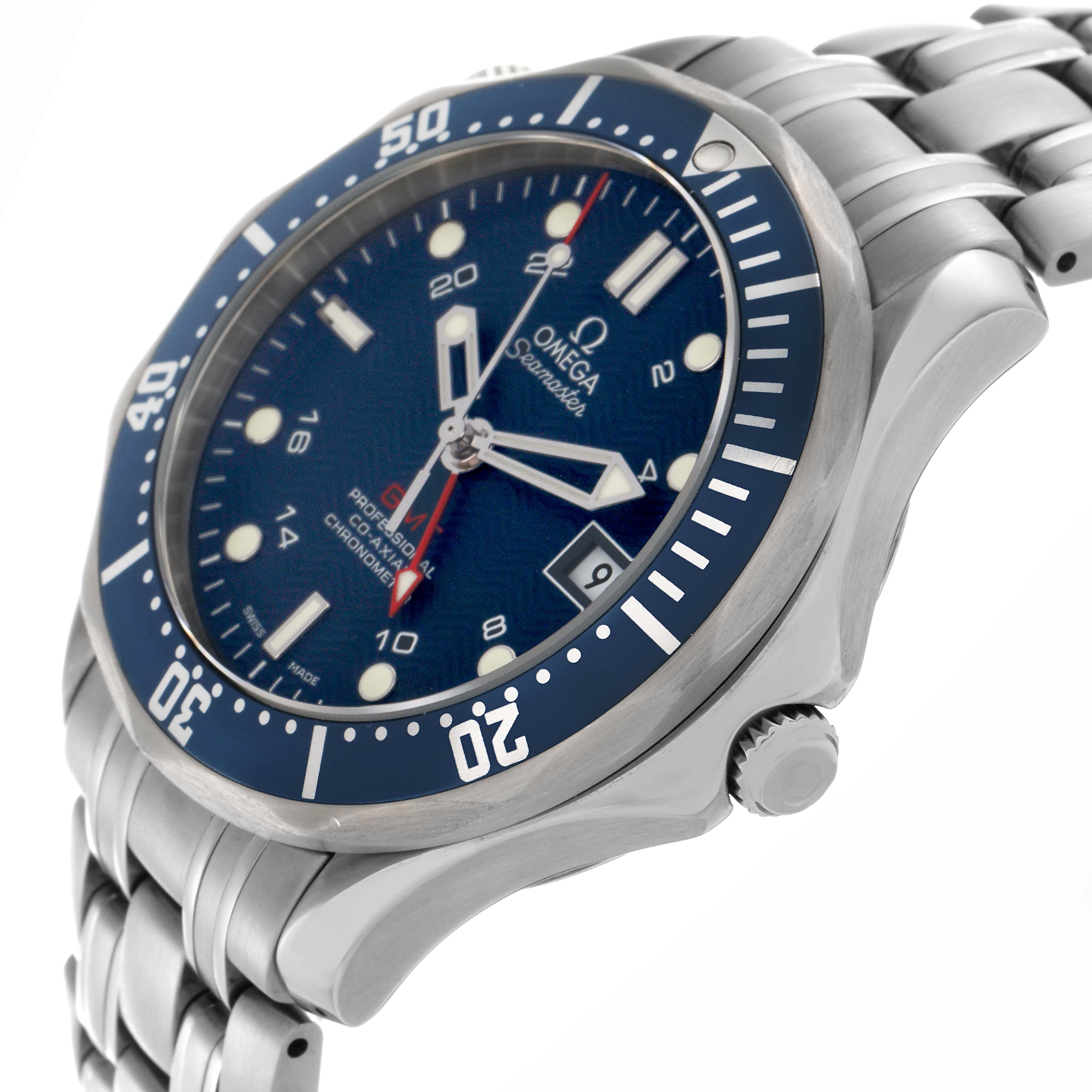 The Omega Seamaster 2535.80.00 Men
s Stainless Steel Blue Dial 2535.80.00 Men
s Stainless Steel Blue Dial watch is shown at a slight side angle, displaying the bezel, dial, crown, and part of the metal bracelet.