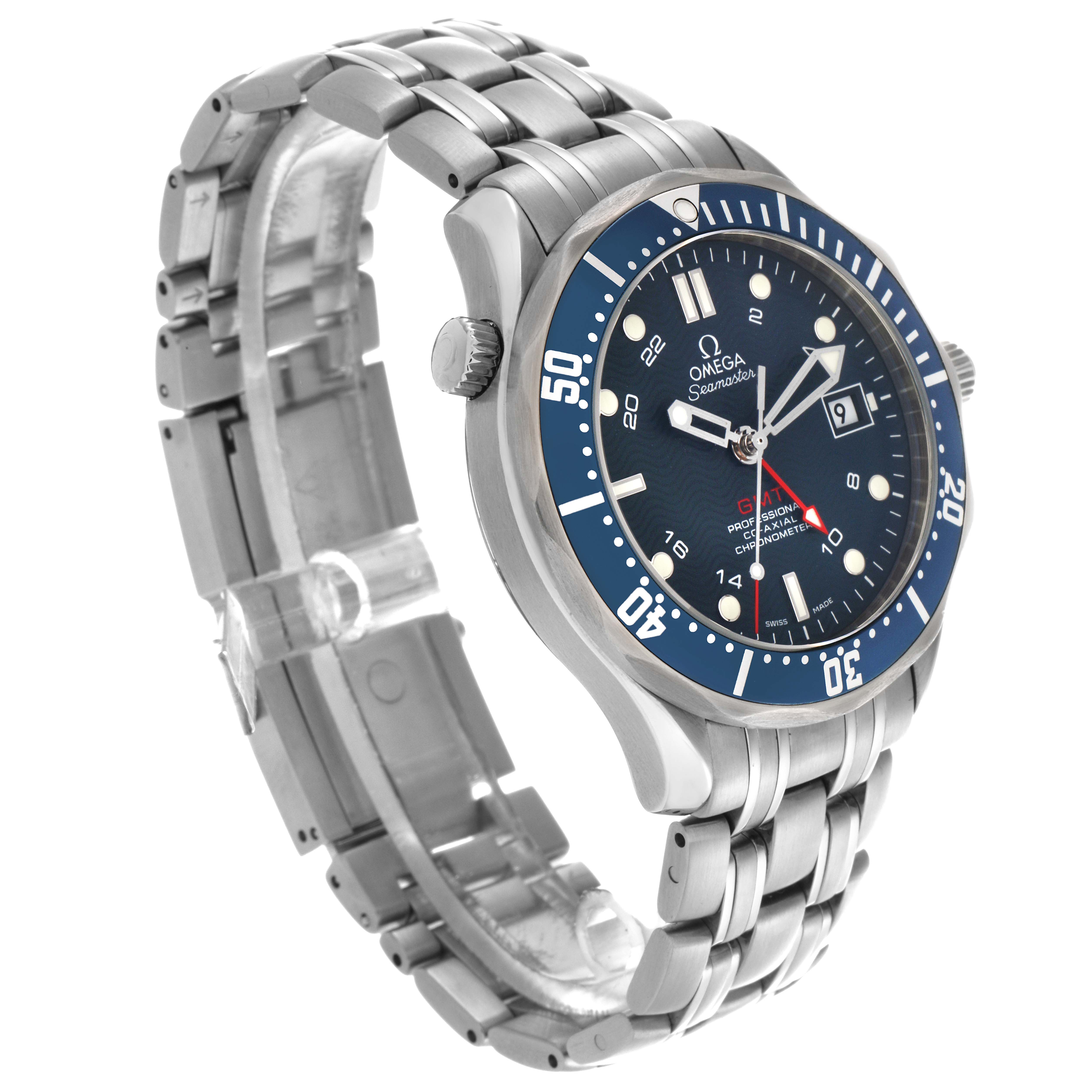 The Omega Seamaster 2535.80.00 Men
s Stainless Steel Blue Dial 2535.80.00 Men
s Stainless Steel Blue Dial watch is shown at a three-quarter angle, displaying the face, bezel, and metal bracelet.