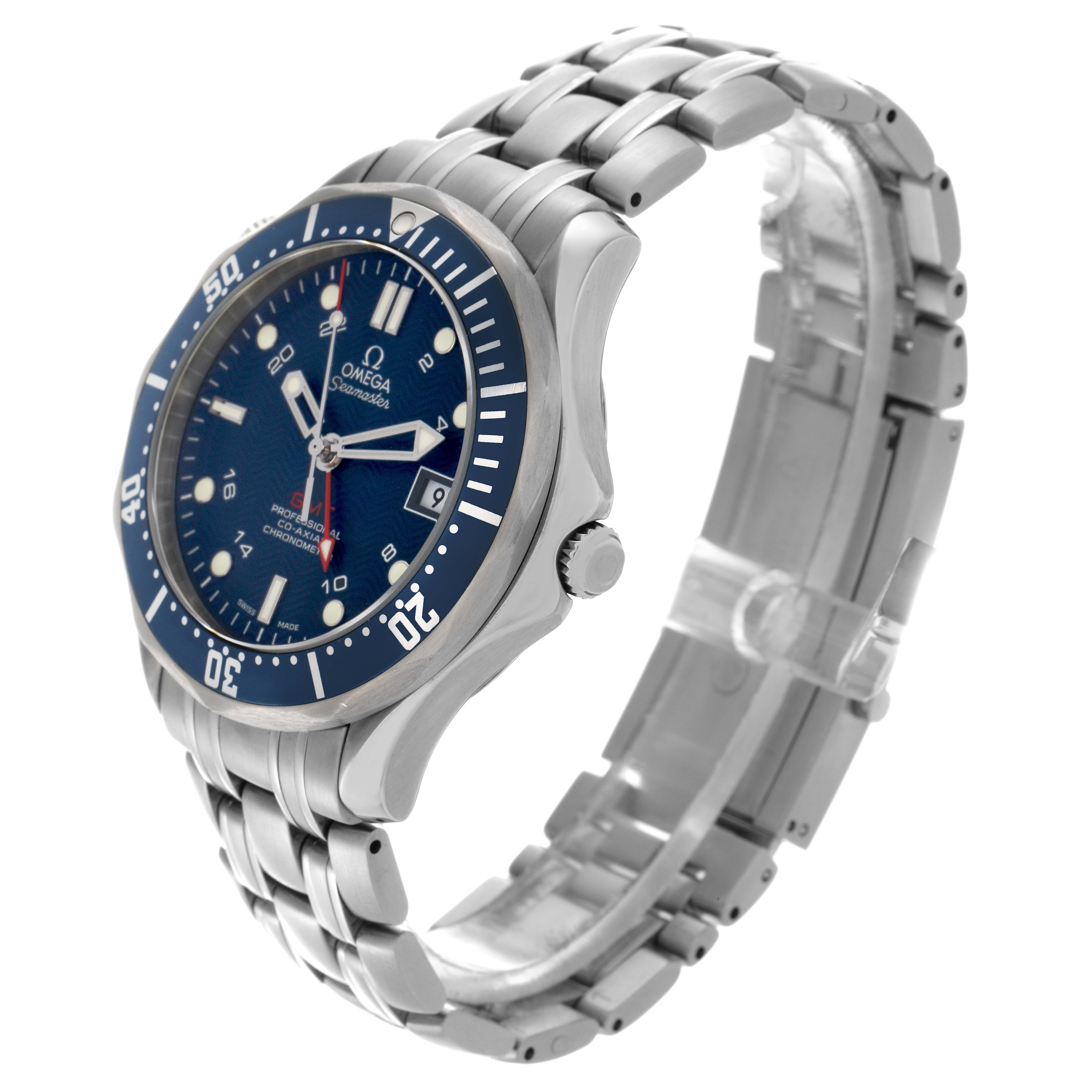 The Omega Seamaster 2535.80.00 Men
s Stainless Steel Blue Dial 2535.80.00 Men
s Stainless Steel Blue Dial watch is shown at a front-side angle, highlighting its blue dial, bezel, and stainless steel bracelet.