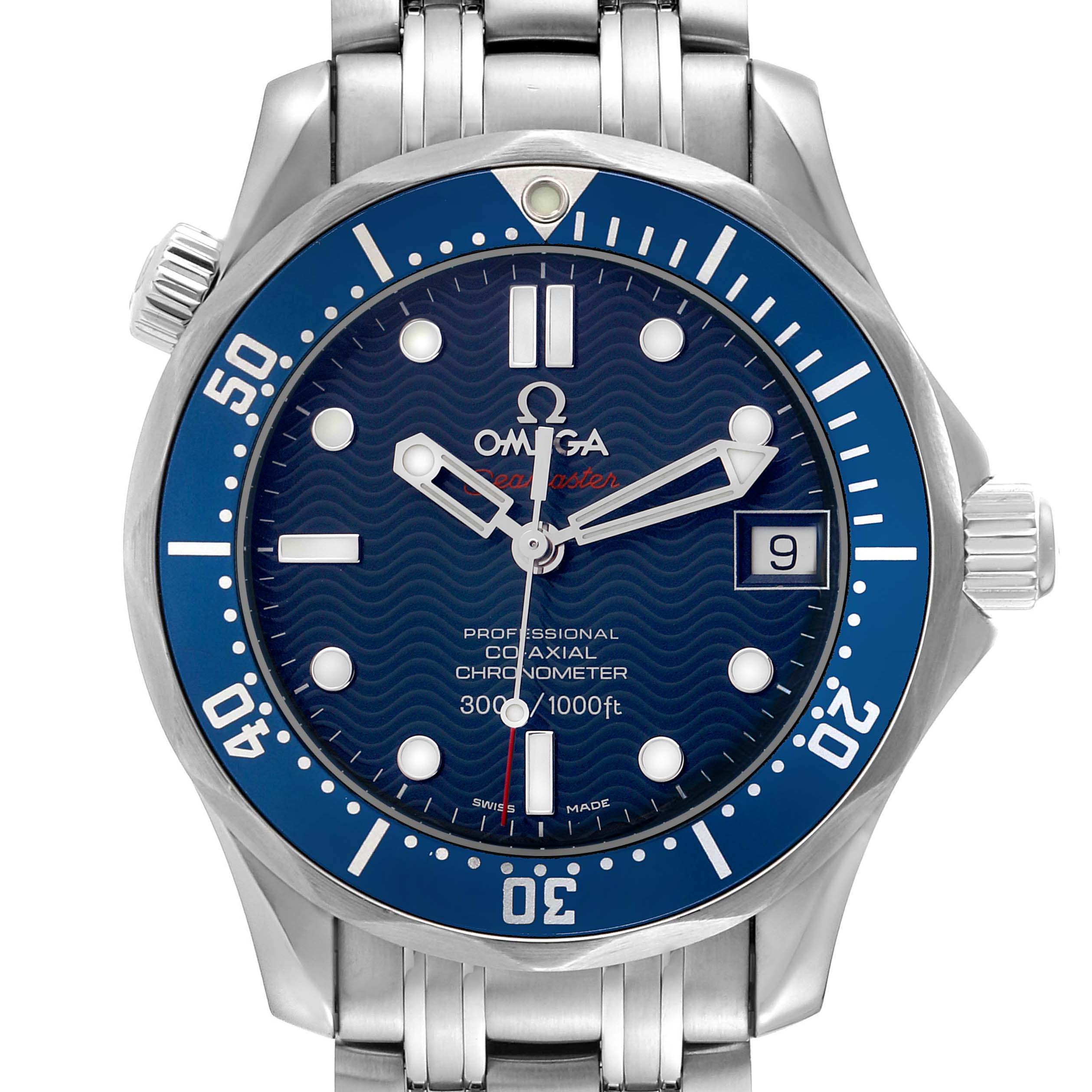 The Omega Seamaster 2222.80.00 Men
s Stainless Steel Blue Dial 2222.80.00 Men
s Stainless Steel Blue Dial watch is shown from the front, displaying its blue dial, bezel, and date window.