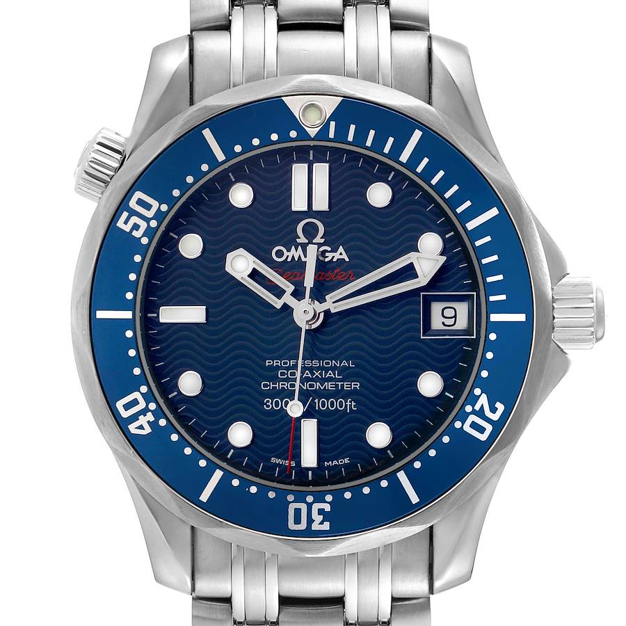 The Omega Seamaster watch is shown from the front, displaying its blue dial, bezel, and date window.
