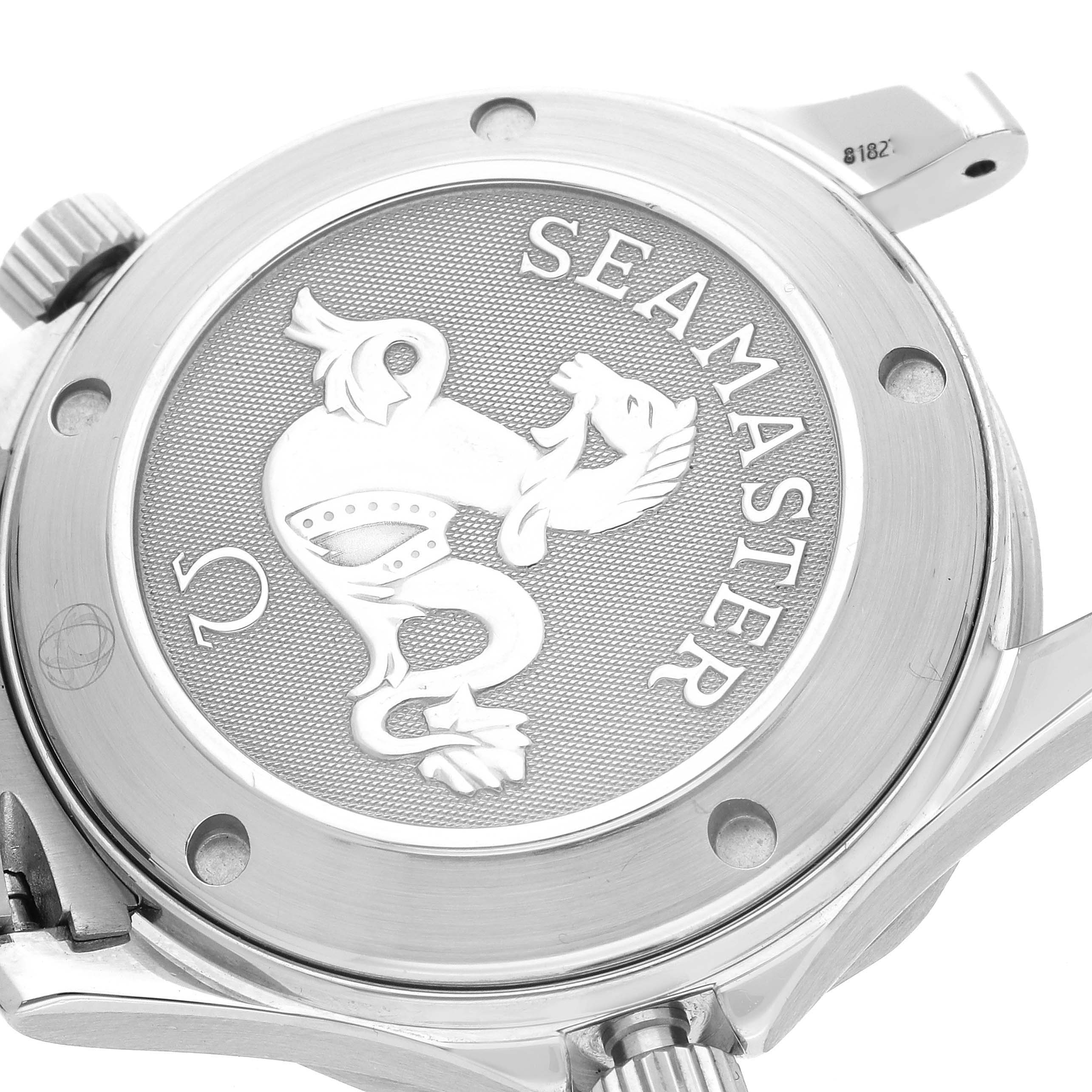 The image shows the case back of an Omega Seamaster 2222.80.00 Men
s Stainless Steel Blue Dial 2222.80.00 Men
s Stainless Steel Blue Dial watch, featuring the engraved logo and brand name.