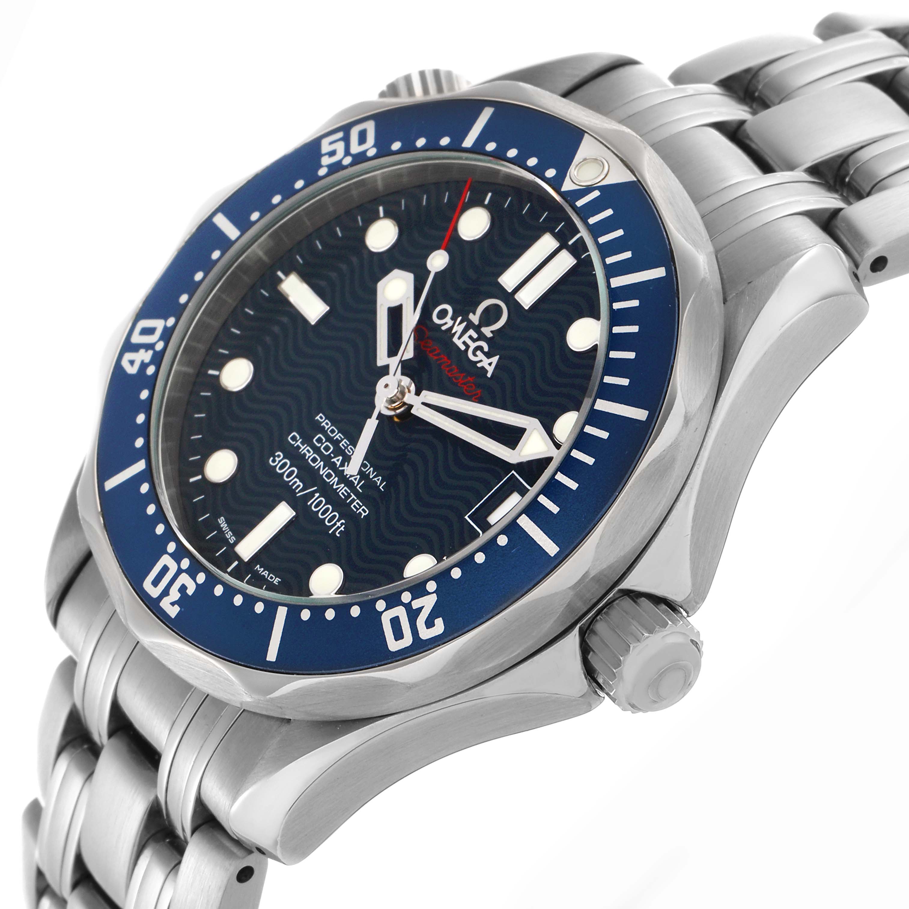 The Omega Seamaster 2222.80.00 Men
s Stainless Steel Blue Dial 2222.80.00 Men
s Stainless Steel Blue Dial is shown at a tilted angle highlighting the blue bezel, wavy dial, crown, and metal bracelet.