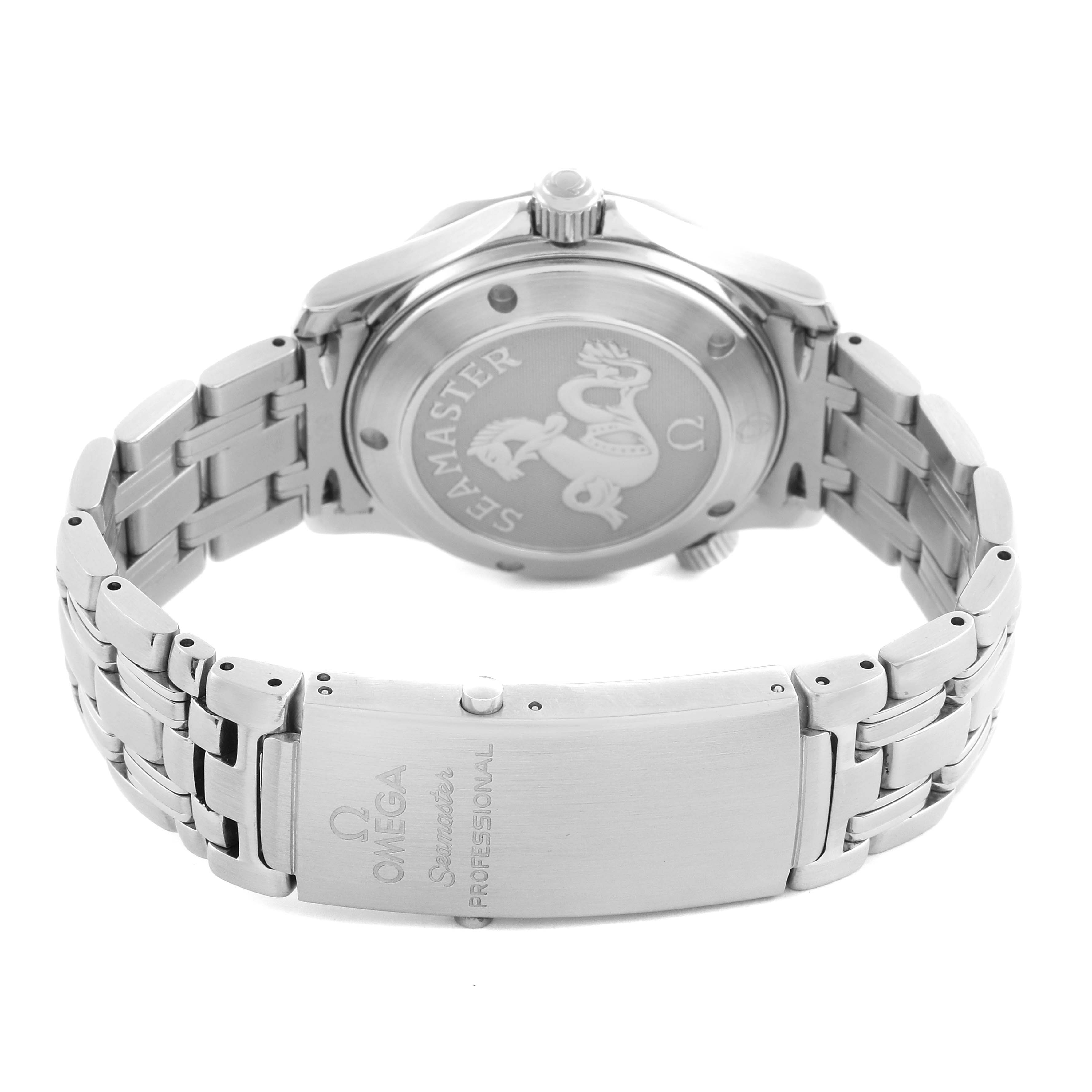 The Omega Seamaster 2222.80.00 Men
s Stainless Steel Blue Dial 2222.80.00 Men
s Stainless Steel Blue Dial watch is shown from the back, highlighting the case back with engraving and the metal bracelet clasp.