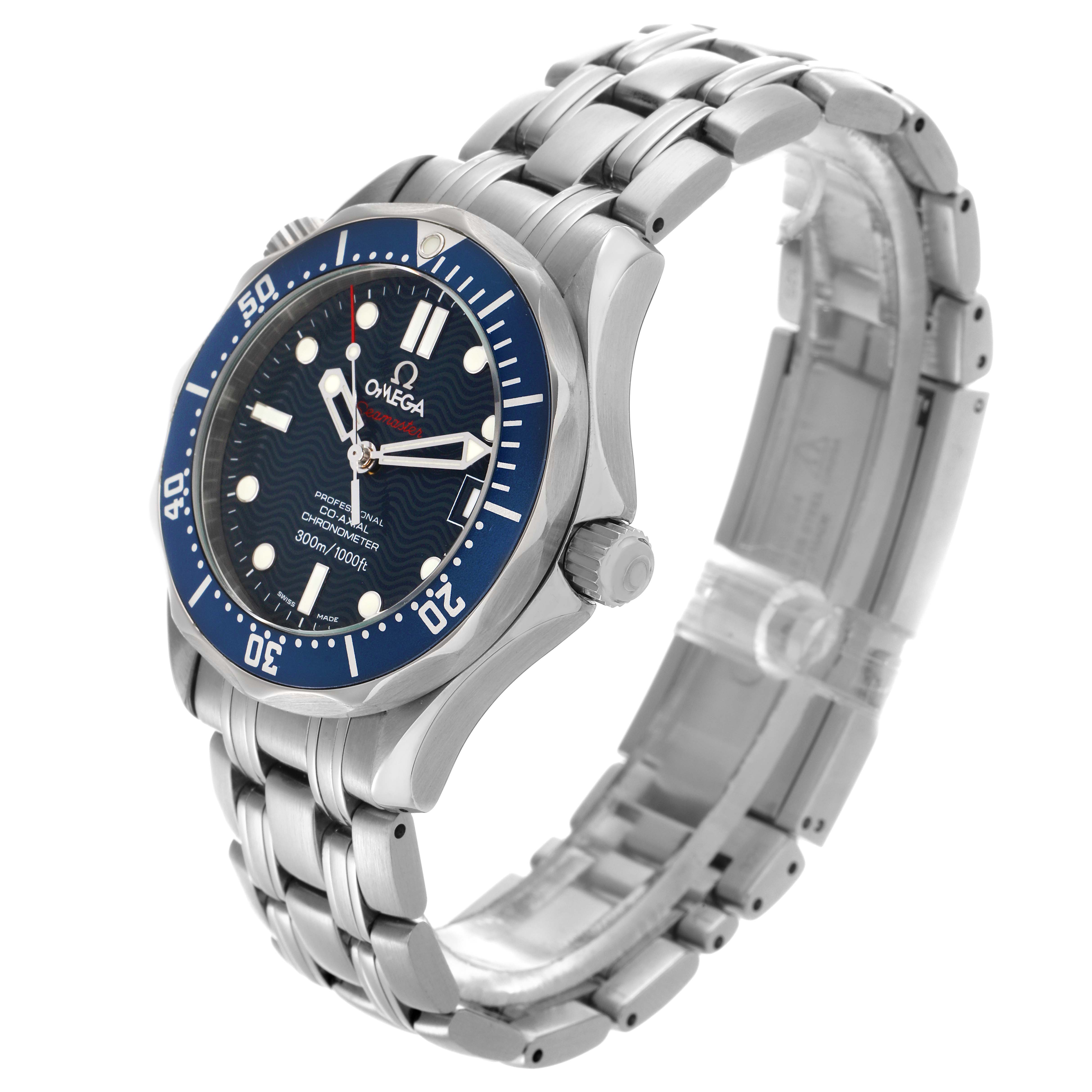 The Omega Seamaster 2222.80.00 Men
s Stainless Steel Blue Dial 2222.80.00 Men
s Stainless Steel Blue Dial watch is shown at a three-quarter angle, highlighting the face, bezel, crown, and metal bracelet.