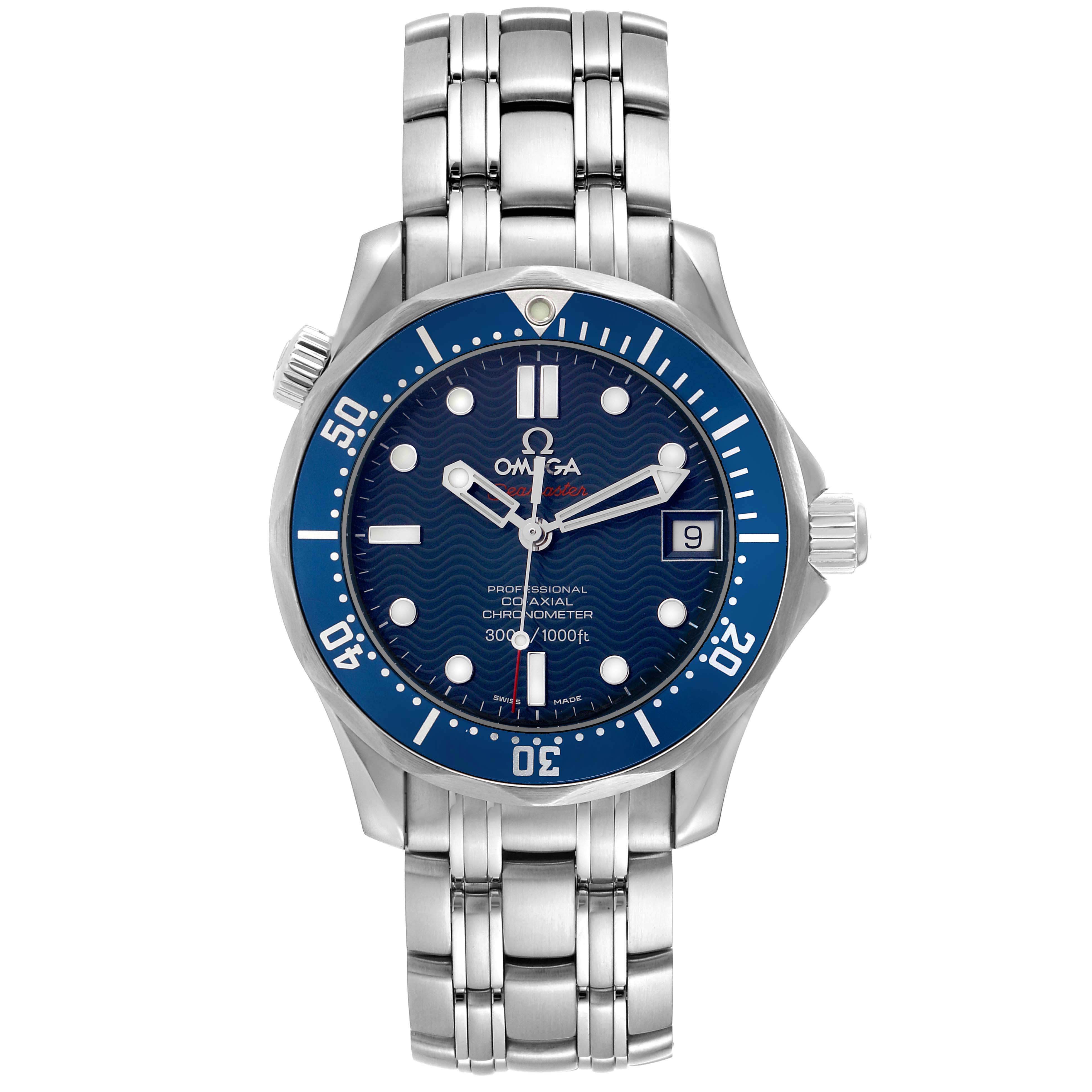 The Omega Seamaster 2222.80.00 Men
s Stainless Steel Blue Dial 2222.80.00 Men
s Stainless Steel Blue Dial watch is shown from the front, highlighting its blue dial, bezel, and metal bracelet.