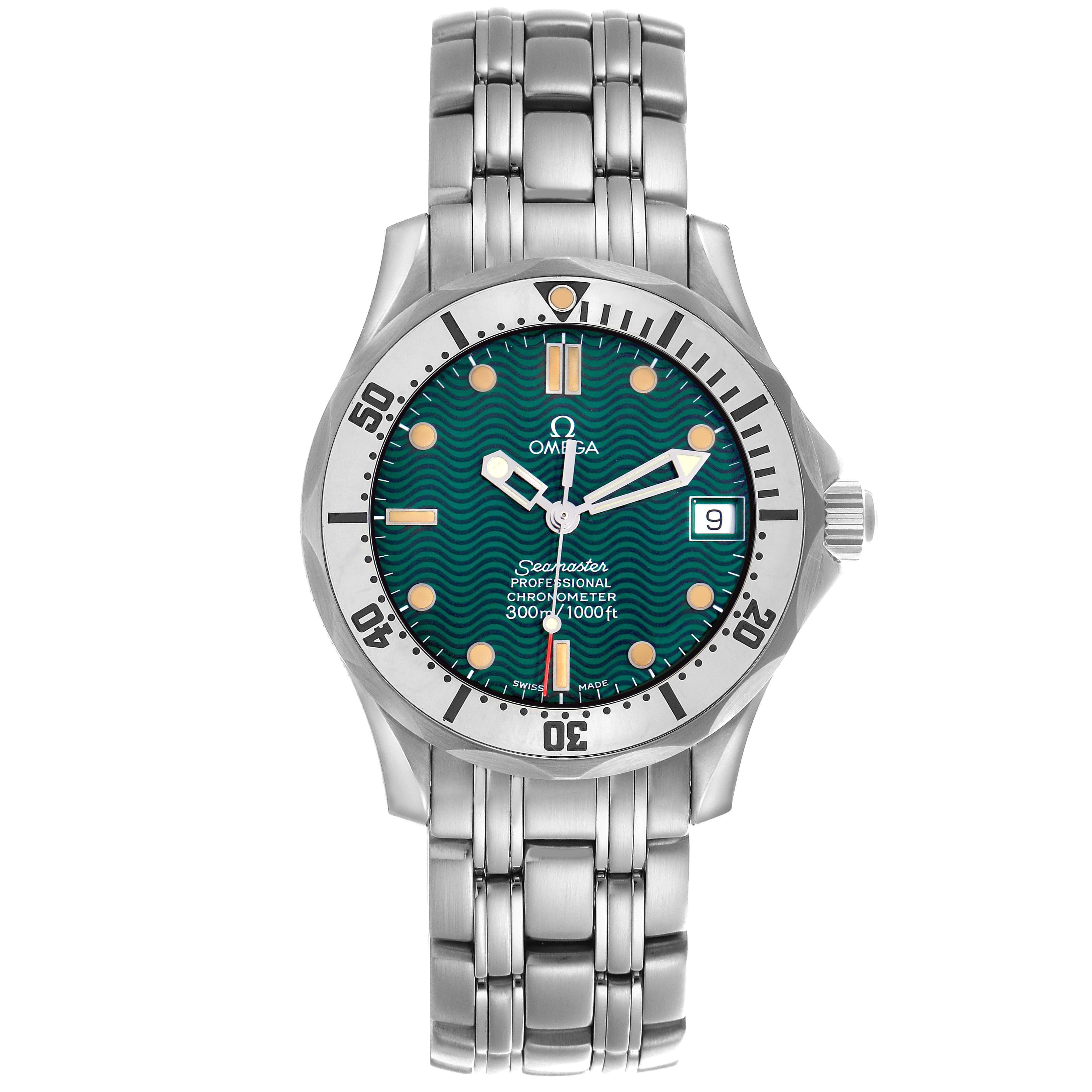 The Omega Seamaster 2553.41.00 Men
s Stainless Steel Green Dial 2553.41.00 Men
s Stainless Steel Green Dial watch is shown from a top-down angle, displaying the face, bezel, crown, and bracelet.