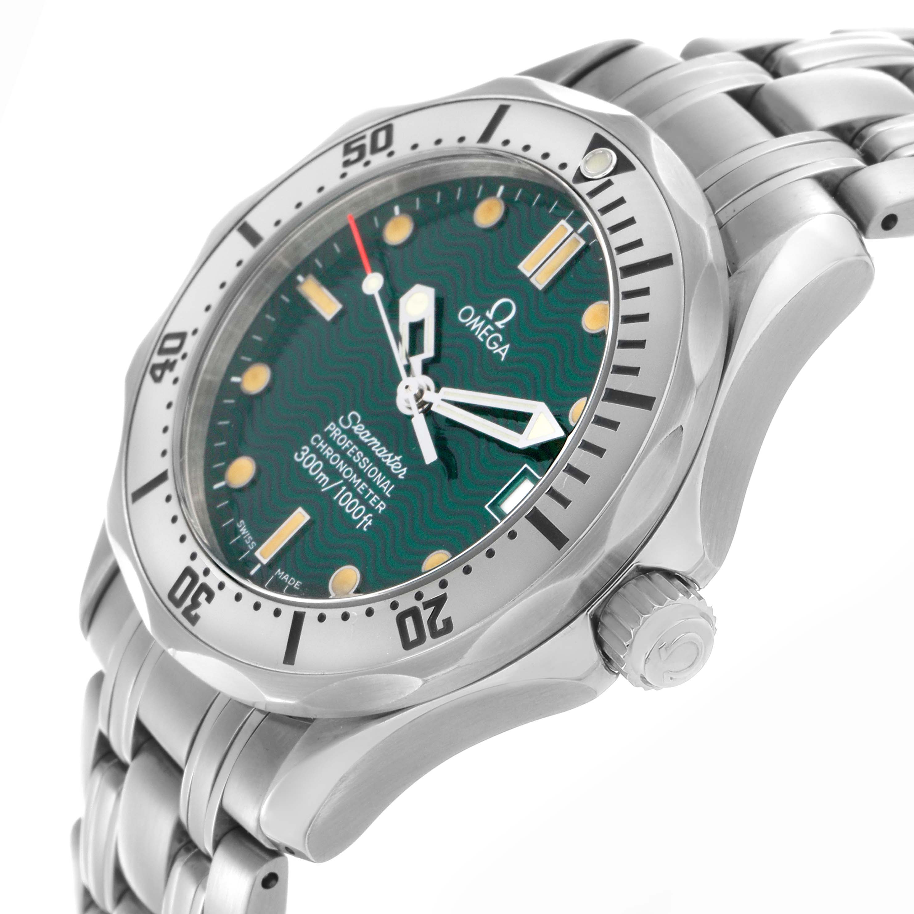 The Omega Seamaster 2553.41.00 Men
s Stainless Steel Green Dial 2553.41.00 Men
s Stainless Steel Green Dial watch is shown at an angle highlighting the face, bezel, crown, and stainless steel bracelet.