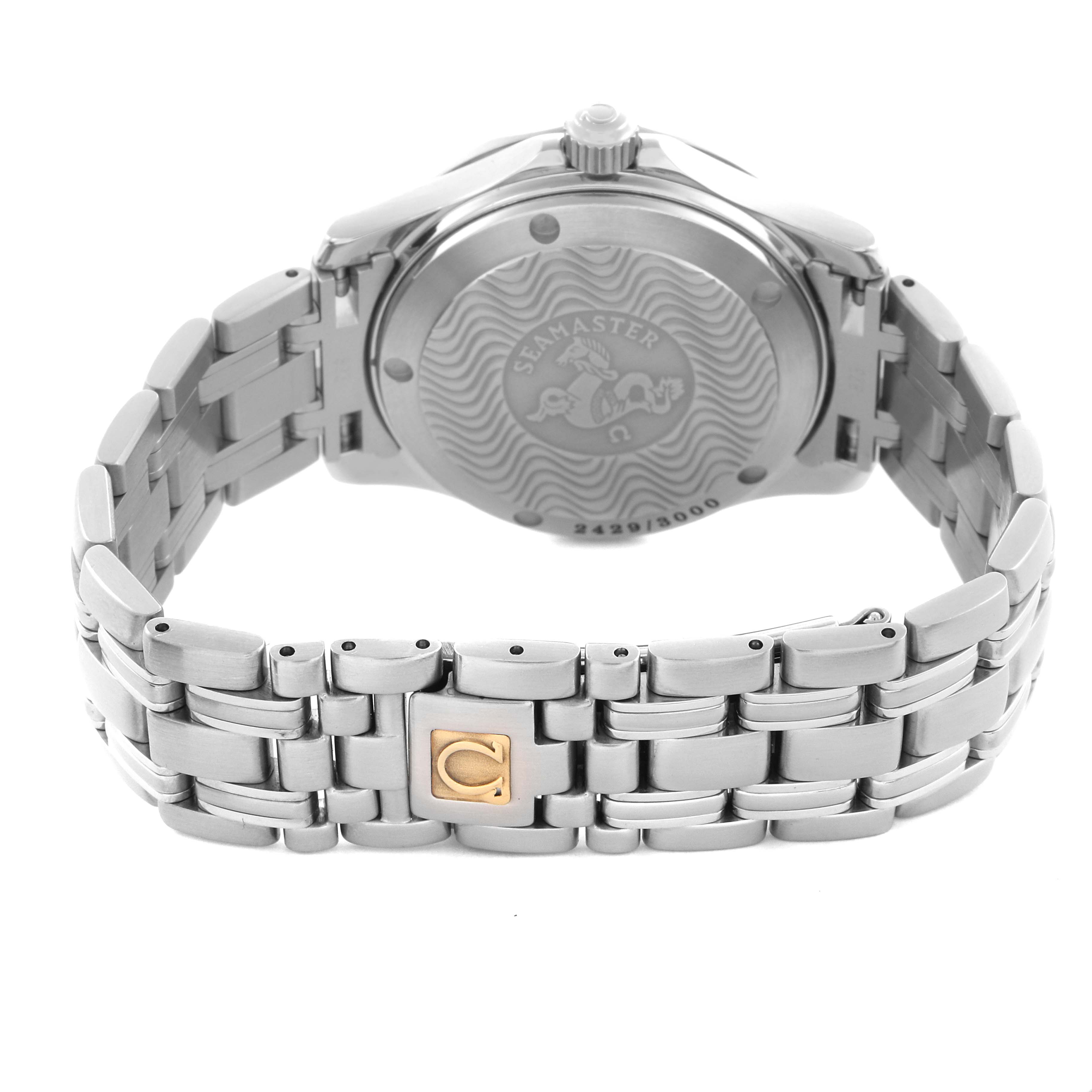 The Omega Seamaster 2553.41.00 Men
s Stainless Steel Green Dial 2553.41.00 Men
s Stainless Steel Green Dial watch is shown from the rear, highlighting its case back and metal bracelet with the clasp.