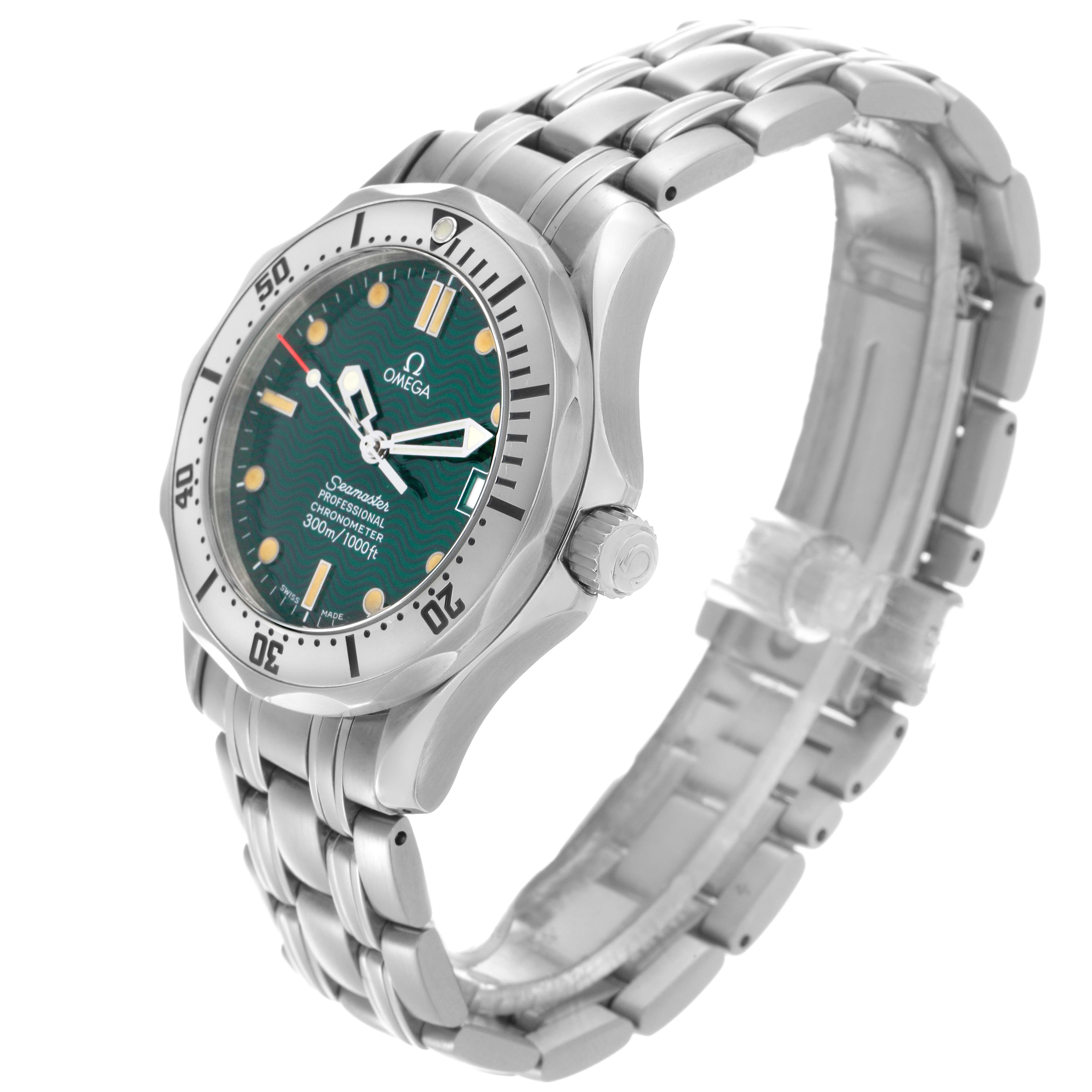 The Omega Seamaster 2553.41.00 Men
s Stainless Steel Green Dial 2553.41.00 Men
s Stainless Steel Green Dial watch is shown at a three-quarter angle, displaying the dial, bezel, case, bracelet, and crown.