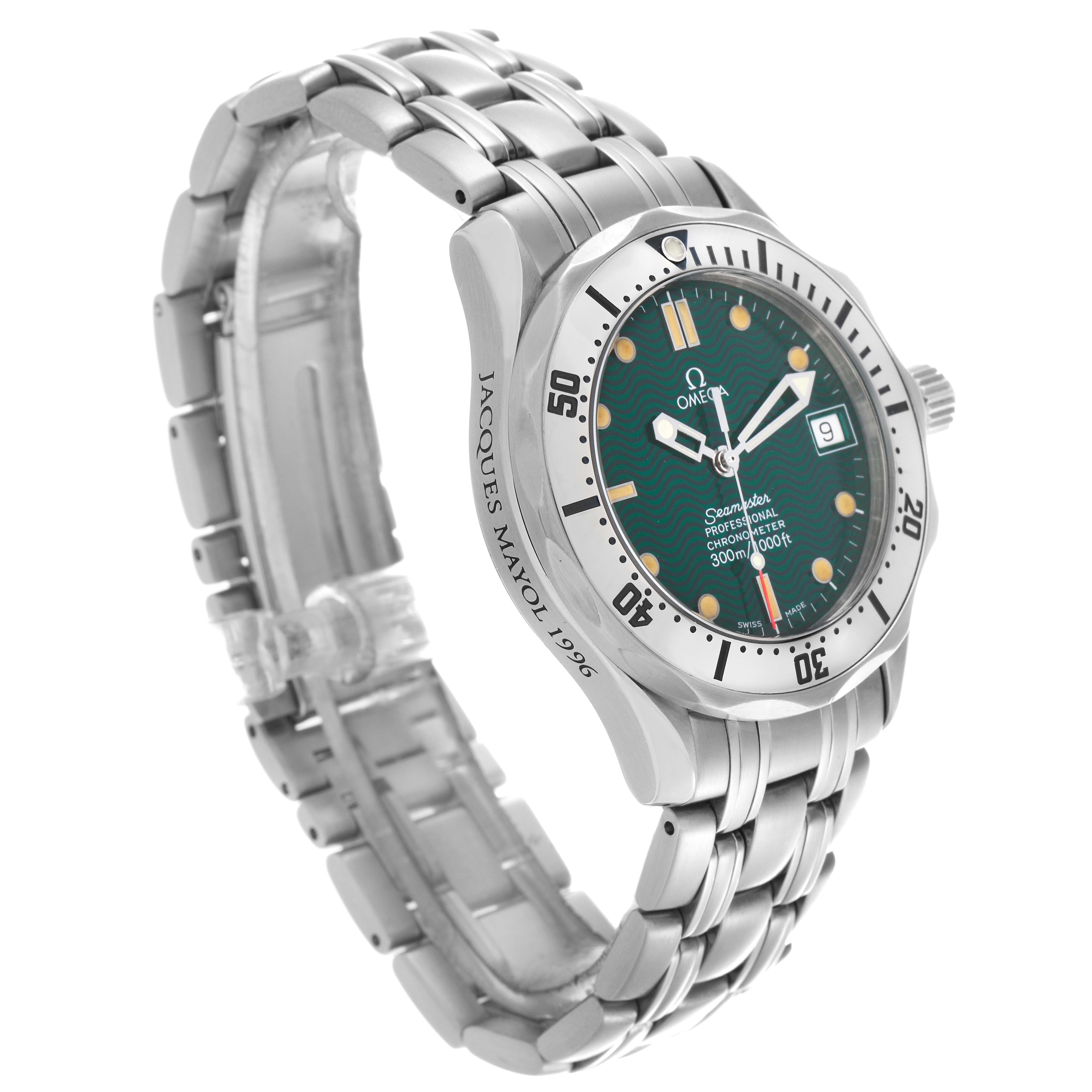 The Omega Seamaster 2553.41.00 Men
s Stainless Steel Green Dial 2553.41.00 Men
s Stainless Steel Green Dial watch is shown at a three-quarter angle, highlighting the dial, bezel, crown, and bracelet.