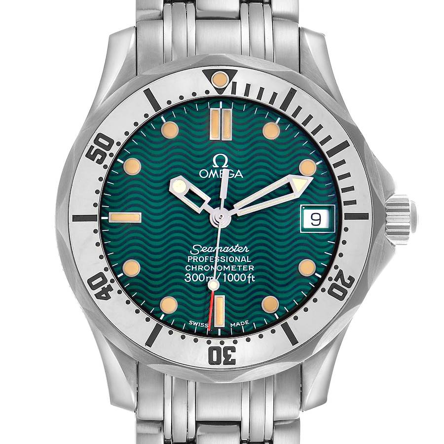The Omega Seamaster watch is shown from a front angle, displaying the face, bezel, and part of the bracelet.