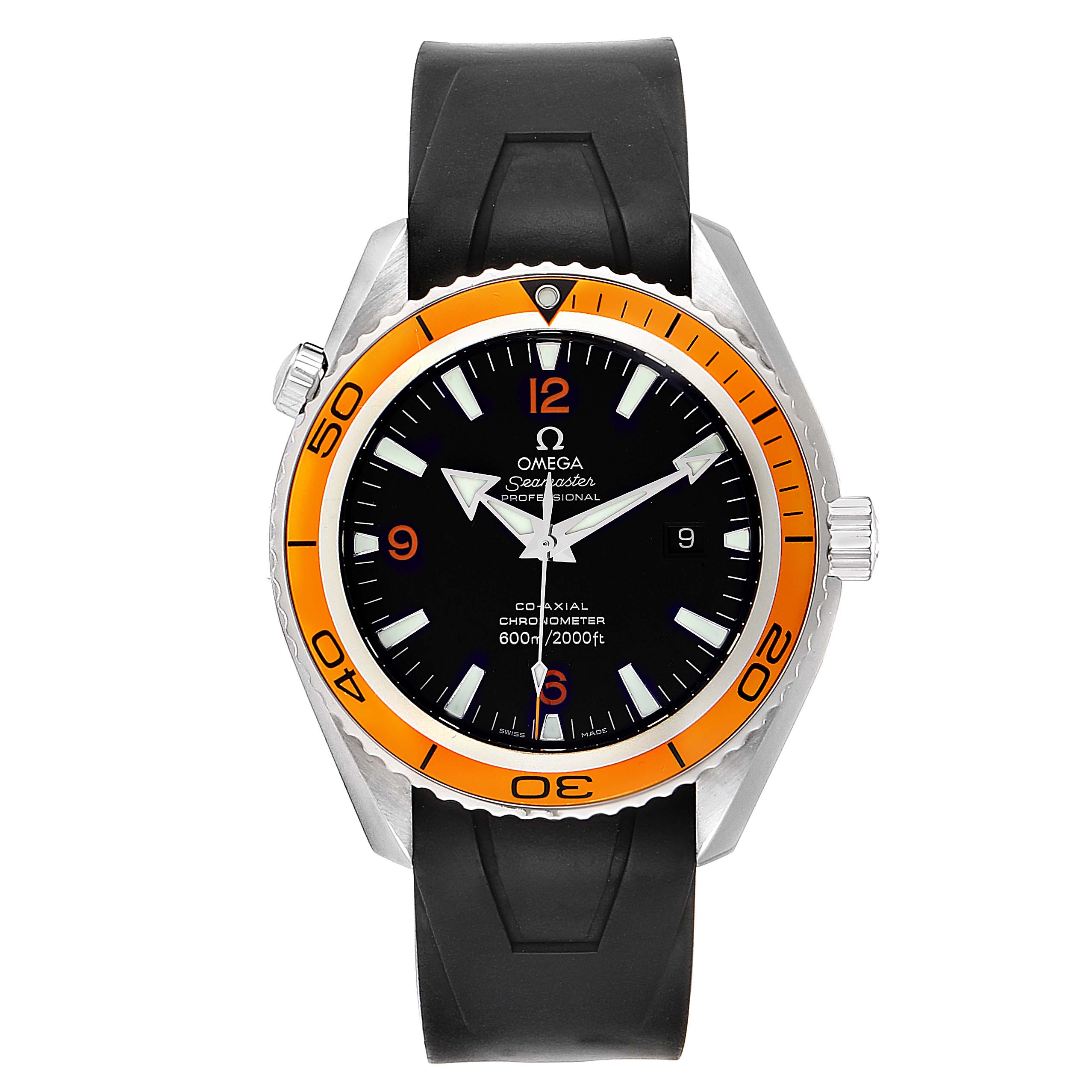 The image shows a front view of the Omega Planet Ocean 2908.50.91 Men
s Stainless Steel Black Dial 2908.50.91 Men
s Stainless Steel Black Dial watch, featuring its face, bezel, and strap.