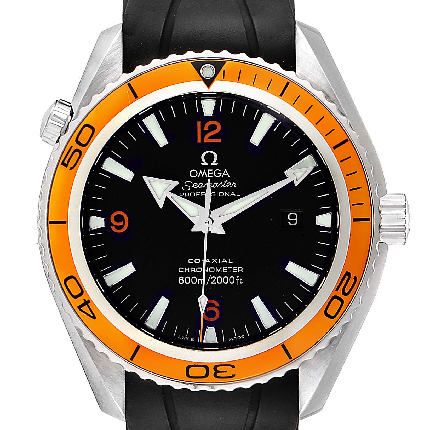 The image shows a front view of the Omega Planet Ocean 2908.50.91 Men
s Stainless Steel Black Dial 2908.50.91 Men
s Stainless Steel Black Dial watch, featuring an orange bezel and a black dial with a black strap.
