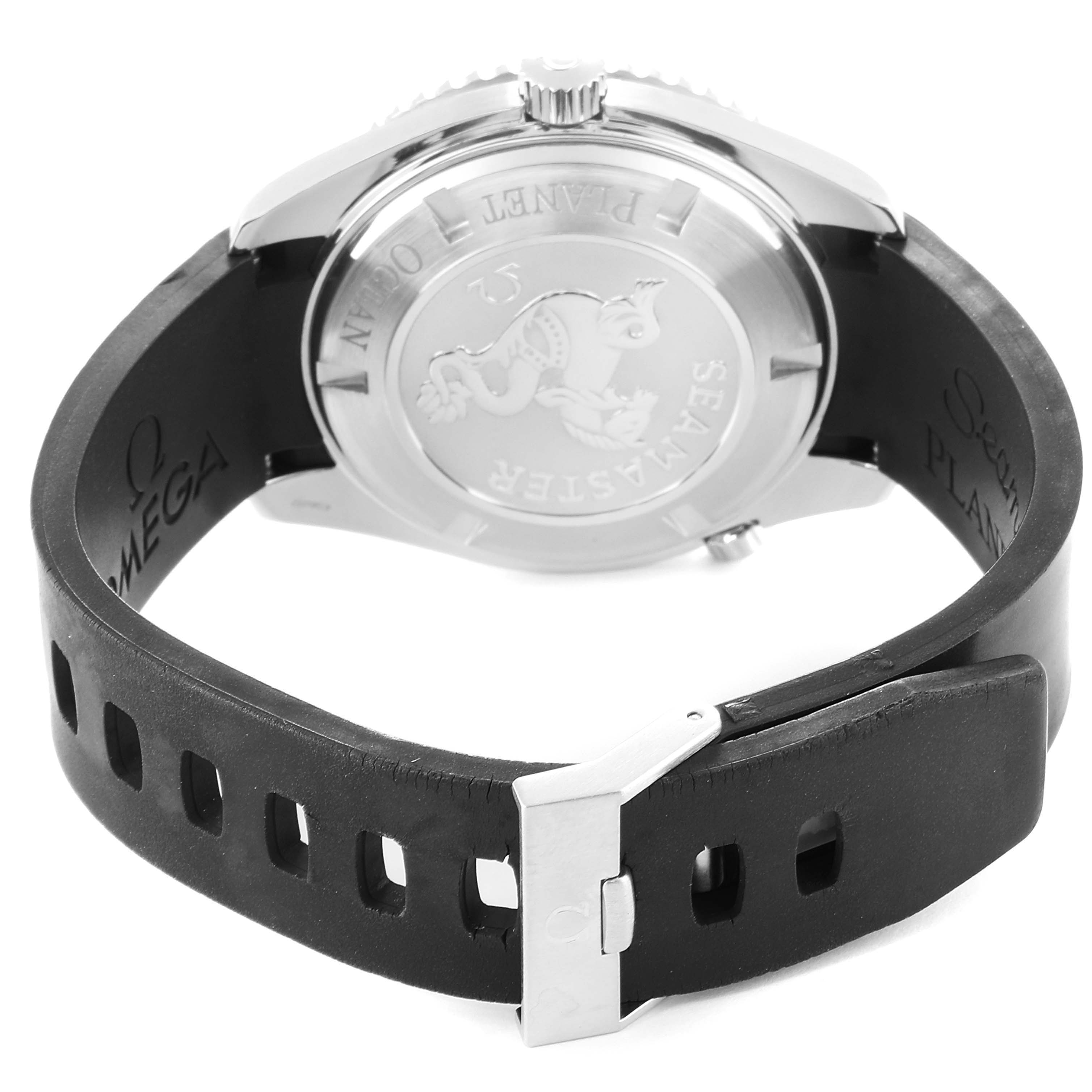 The image shows the back and strap of the Omega Planet Ocean 2908.50.91 Men
s Stainless Steel Black Dial 2908.50.91 Men
s Stainless Steel Black Dial watch, highlighting the case back and rubber strap.