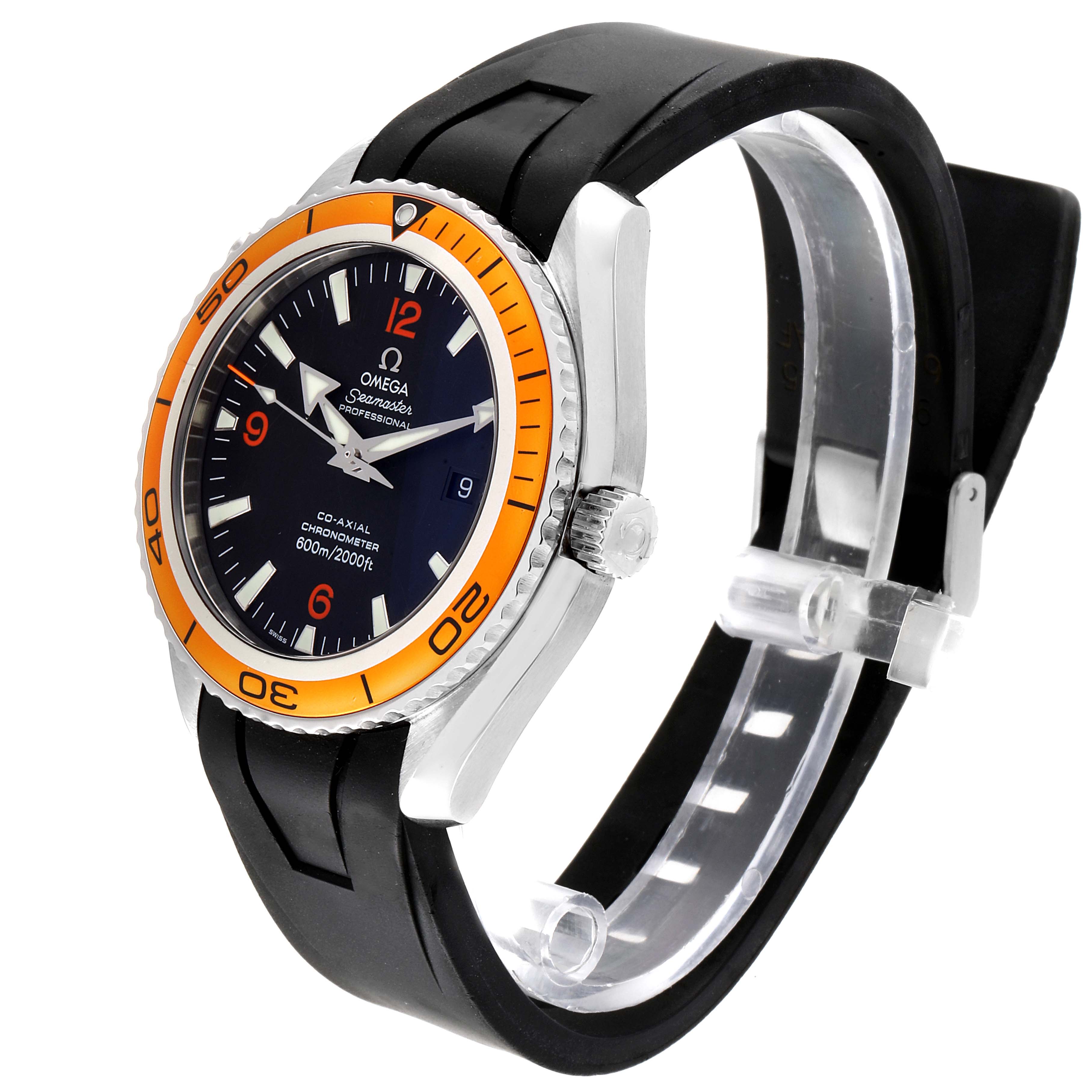 The Omega Planet Ocean 2908.50.91 Men
s Stainless Steel Black Dial 2908.50.91 Men
s Stainless Steel Black Dial watch is shown at a three-quarter angle, highlighting its bezel, dial, and rubber strap.