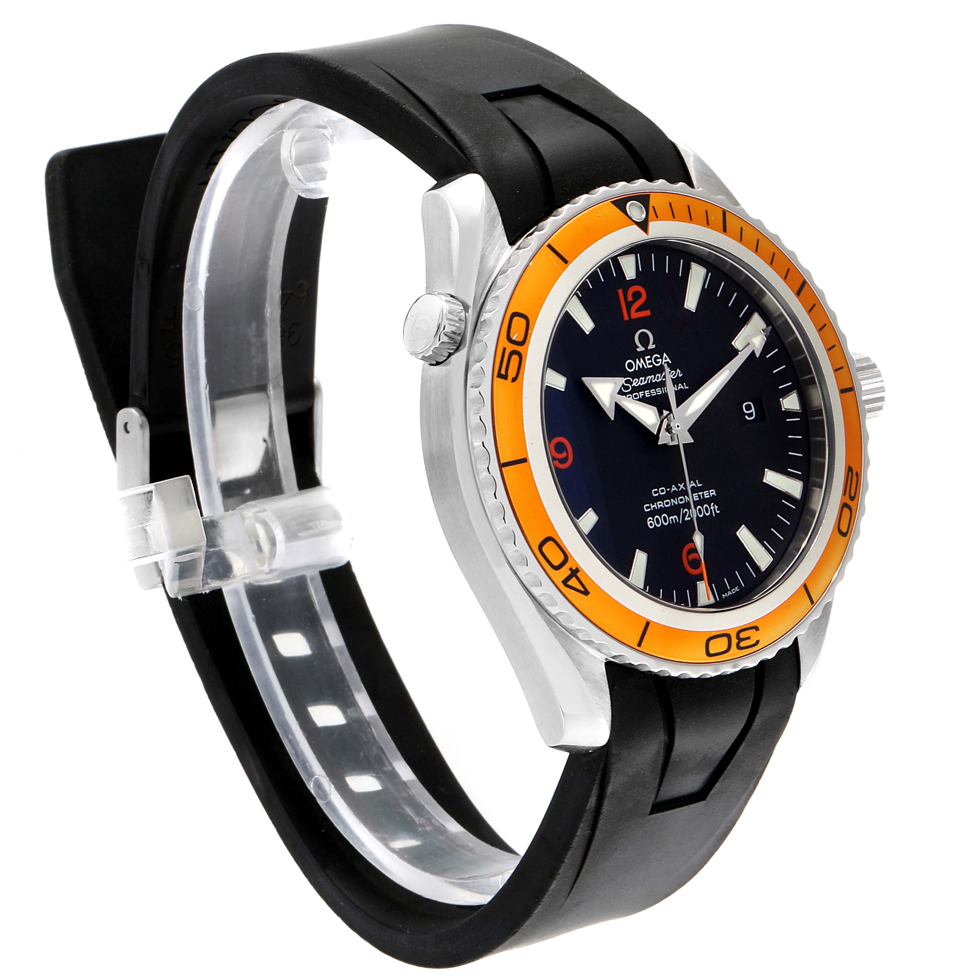 The image shows an Omega Planet Ocean 2908.50.91 Men
s Stainless Steel Black Dial 2908.50.91 Men
s Stainless Steel Black Dial watch at a three-quarter angle, displaying the face, bezel, crown, and strap.