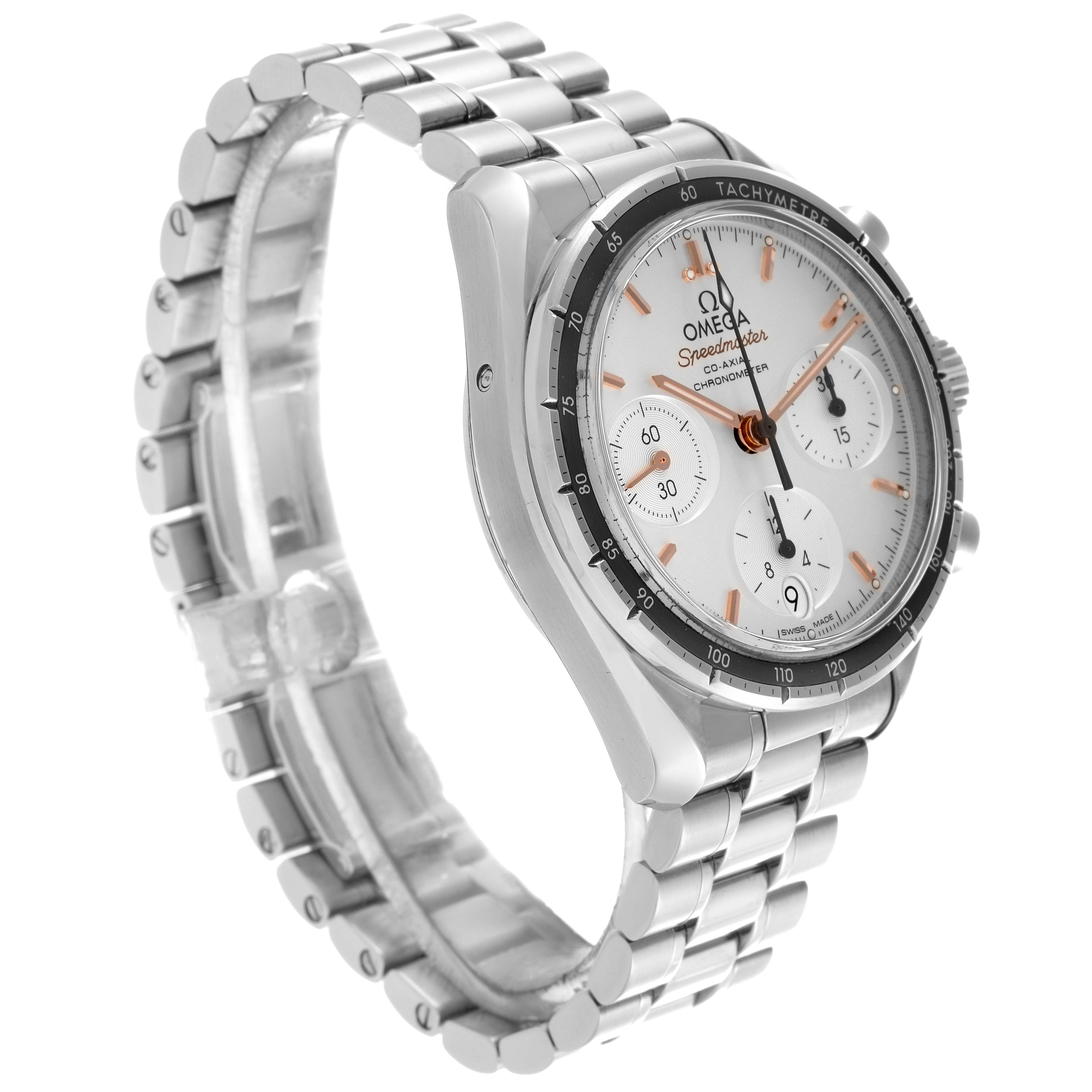 The Omega Speedmaster 324.30.38.50.02.001 Men's Stainless Steel Silver Dial 324.30.38.50.02.001 Men's Stainless Steel Silver Dial watch is shown from a three-quarter angle, highlighting the face, bezel, crown, and metal bracelet.