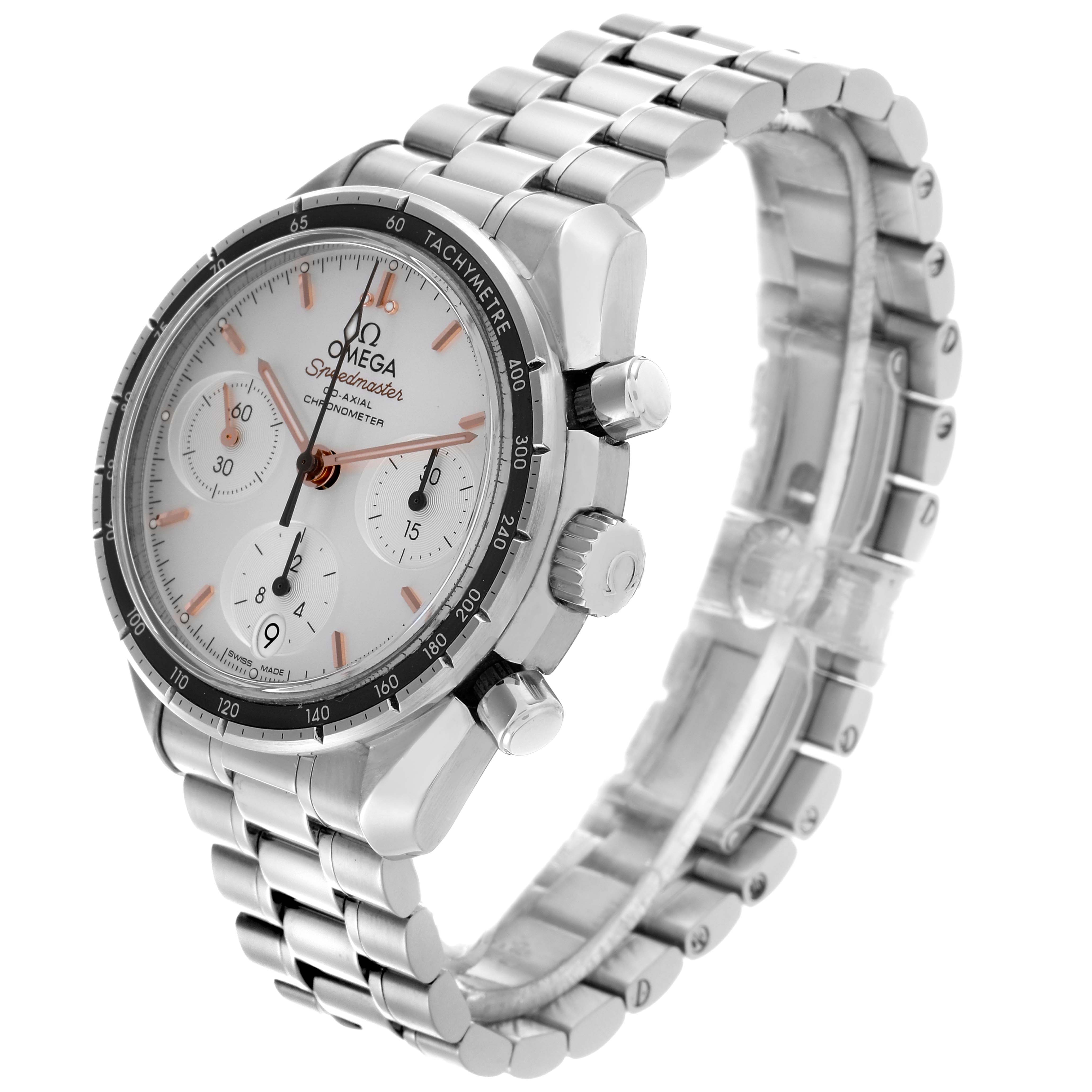 The Omega Speedmaster 324.30.38.50.02.001 Men's Stainless Steel Silver Dial 324.30.38.50.02.001 Men's Stainless Steel Silver Dial watch is shown at a three-quarter angle, highlighting its face, bezel, crown, pushers, and bracelet.