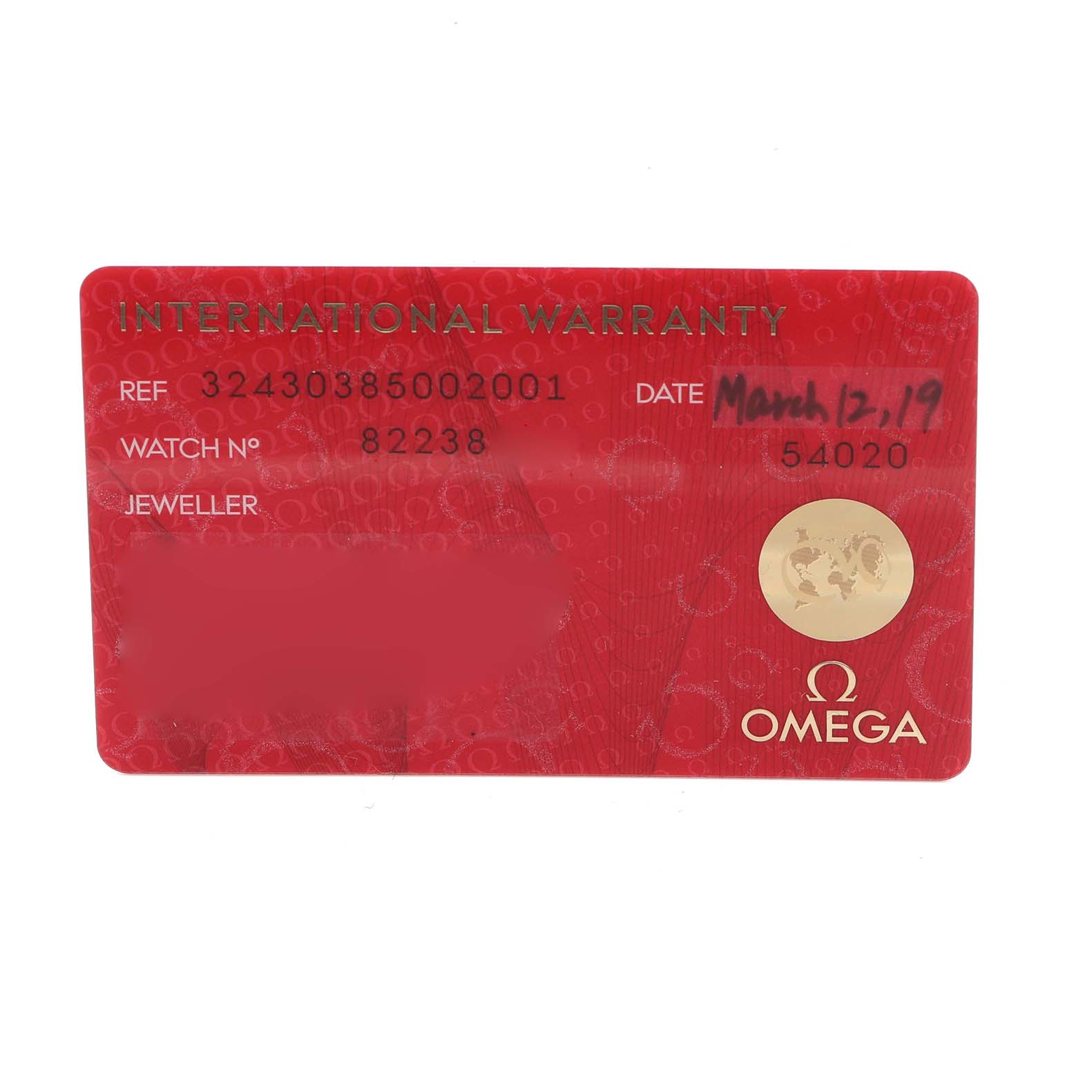 This image shows the International Warranty card for an Omega Speedmaster 324.30.38.50.02.001 Men's Stainless Steel Silver Dial 324.30.38.50.02.001 Men's Stainless Steel Silver Dial watch, featuring reference and watch numbers.