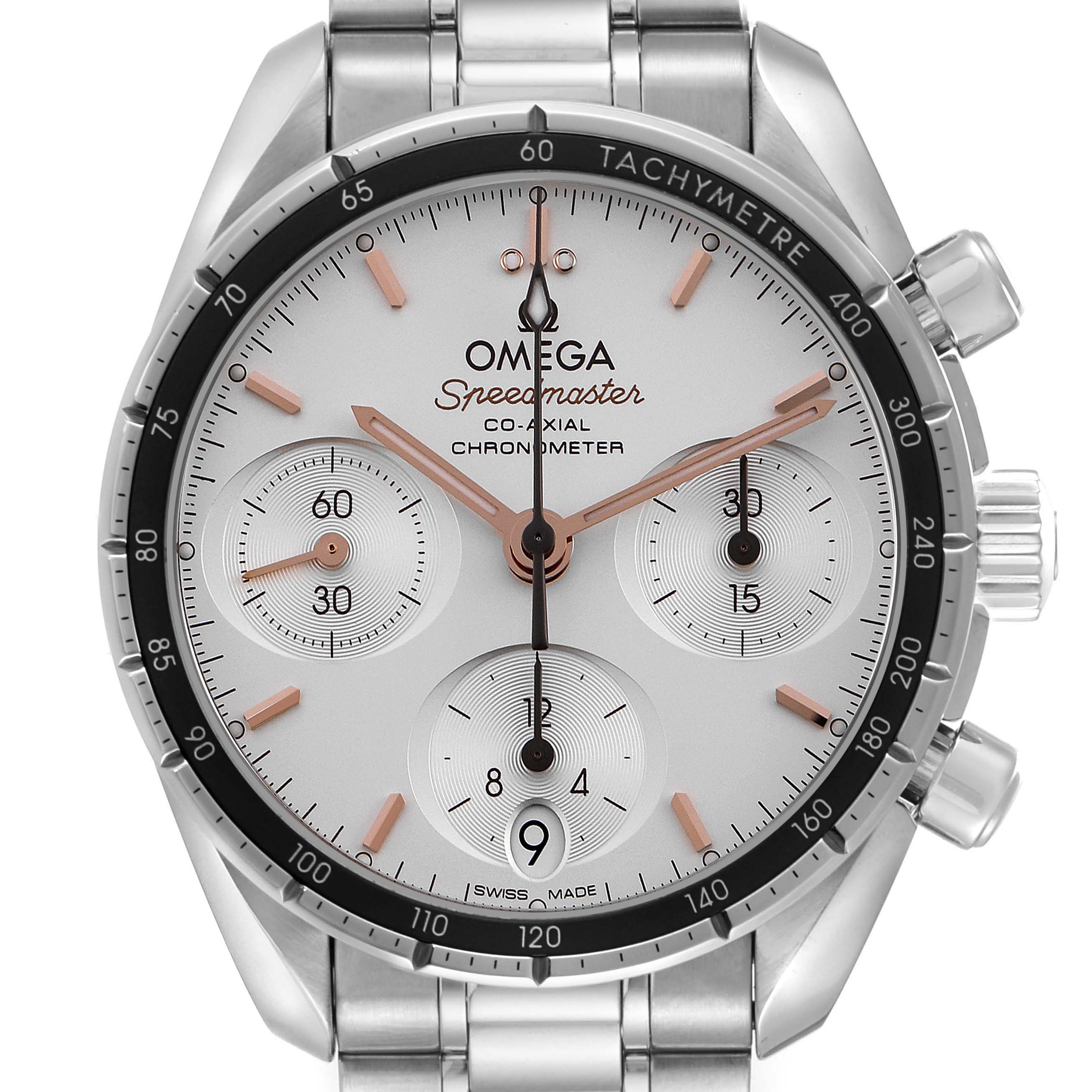 The Omega Speedmaster 324.30.38.50.02.001 Men's Stainless Steel Silver Dial 324.30.38.50.02.001 Men's Stainless Steel Silver Dial watch is shown from the front, highlighting its dial, tachymeter bezel, subdials, and stainless steel bracelet.