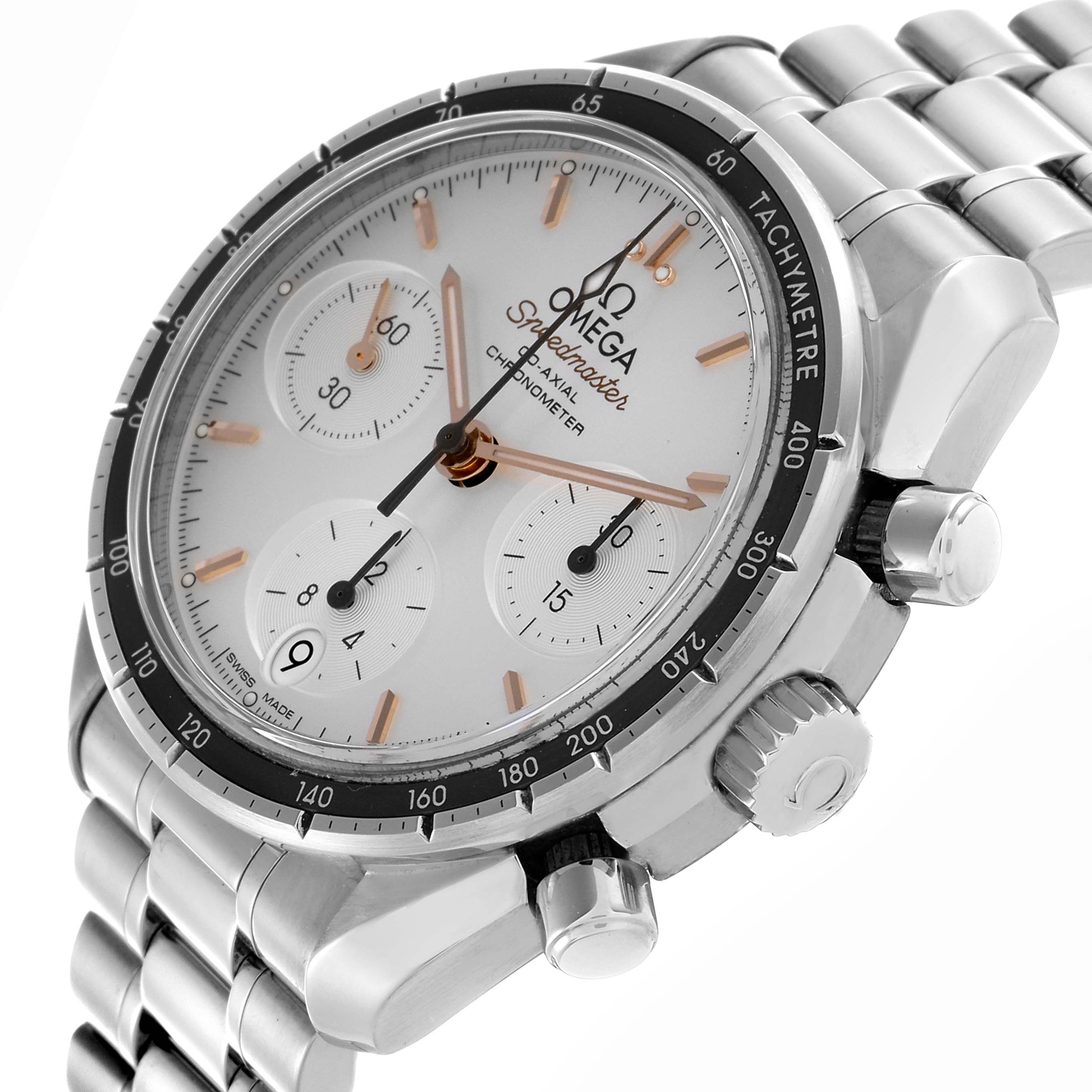 The Omega Speedmaster 324.30.38.50.02.001 Men's Stainless Steel Silver Dial 324.30.38.50.02.001 Men's Stainless Steel Silver Dial watch is shown at a three-quarter angle highlighting the bezel, crown, pushers, and bracelet.