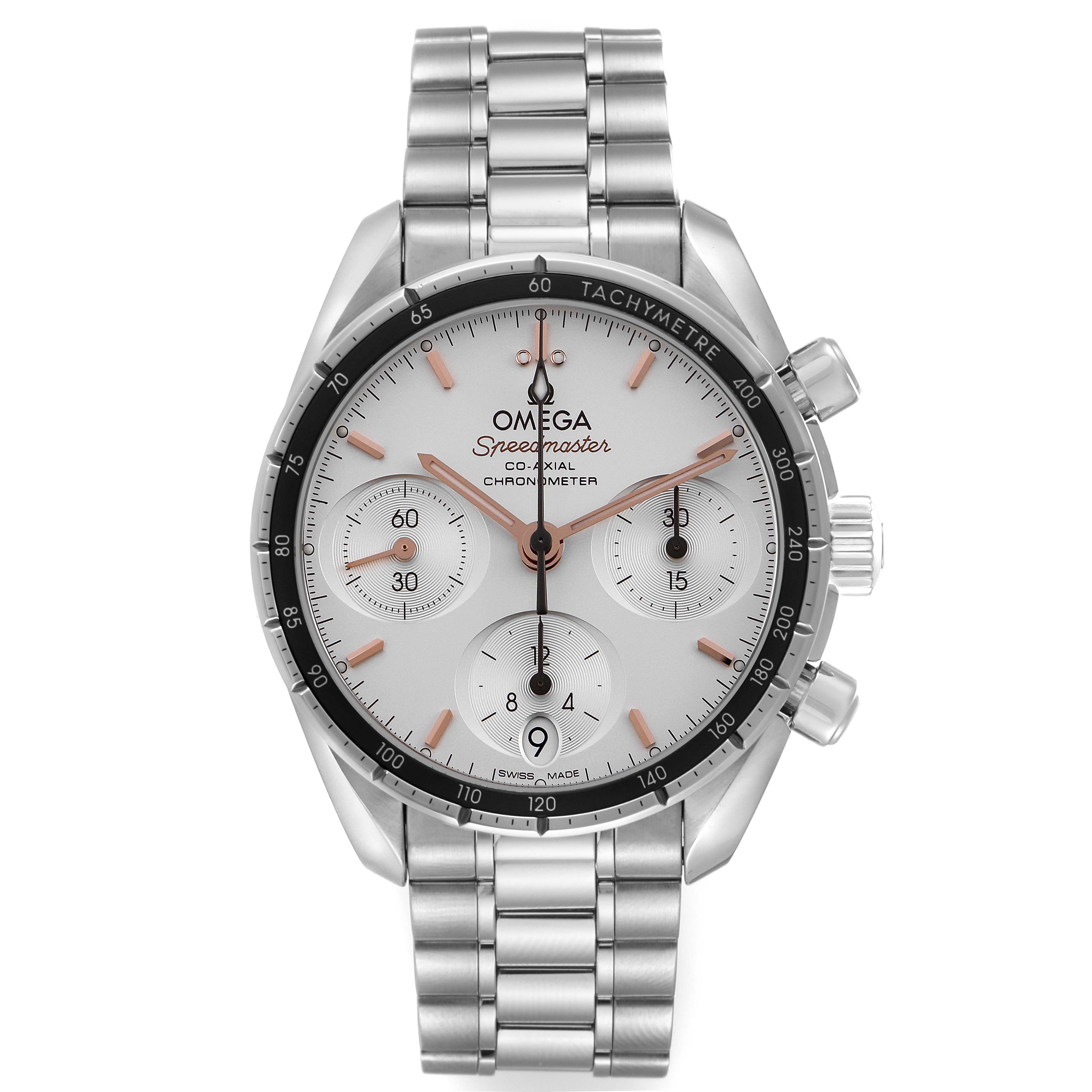 The Omega Speedmaster 324.30.38.50.02.001 Men's Stainless Steel Silver Dial 324.30.38.50.02.001 Men's Stainless Steel Silver Dial watch is shown from a front view, displaying its dial, bezel, pushers, and stainless steel bracelet.