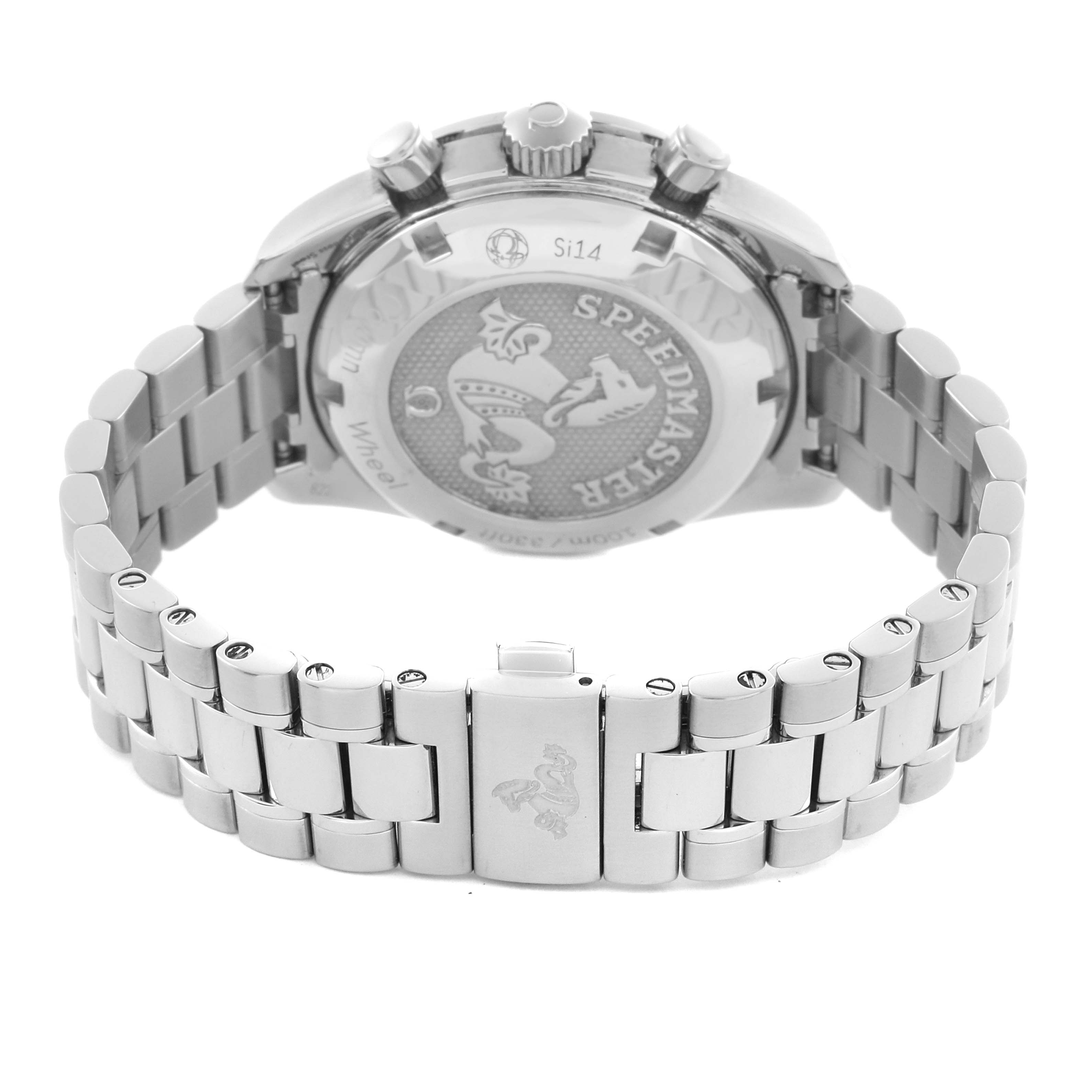 The image shows the back view of an Omega Speedmaster 324.30.38.50.02.001 Men's Stainless Steel Silver Dial 324.30.38.50.02.001 Men's Stainless Steel Silver Dial watch, highlighting its case back, bracelet, and clasp.