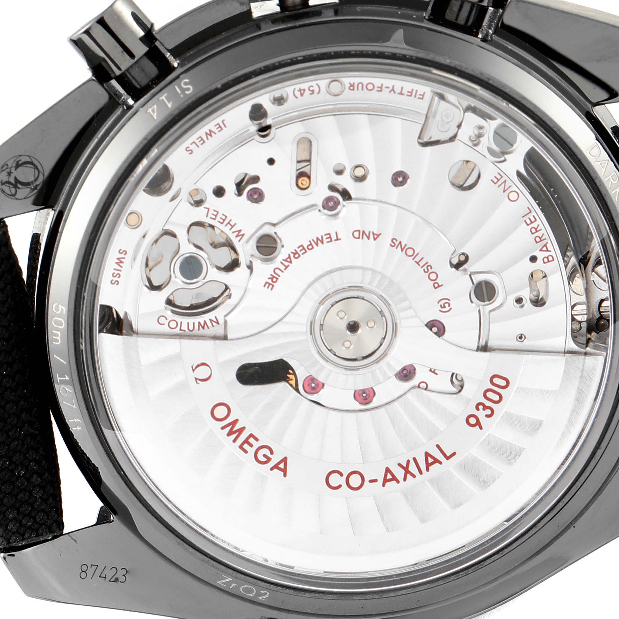 The image shows the back view of an Omega Speedmaster 311.92.44.51.01.007 Men's Ceramic Black Dial 311.92.44.51.01.007 Men's Ceramic Black Dial watch, highlighting its Co-Axial 9300 movement.