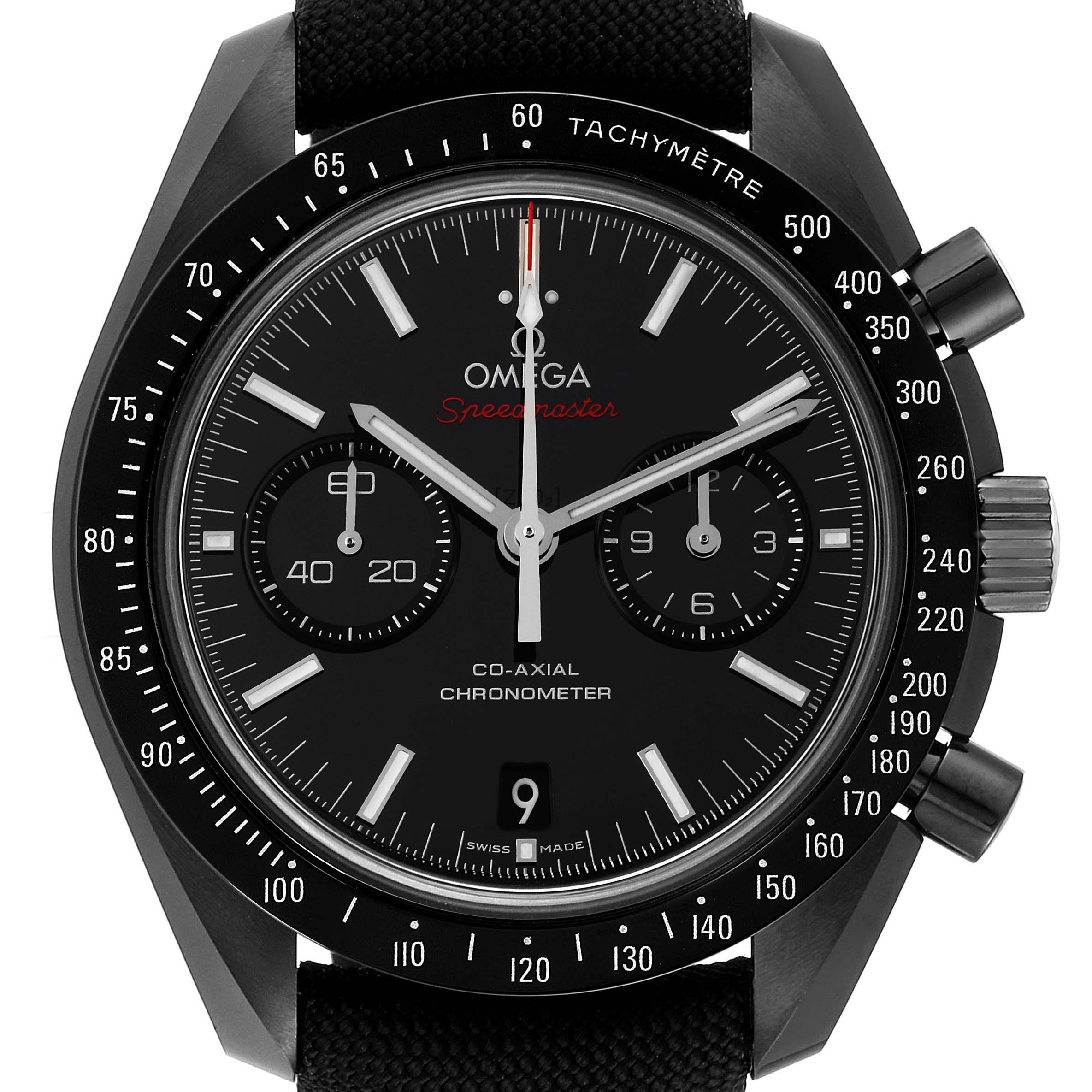 The image shows a frontal view of the Omega Speedmaster 311.92.44.51.01.007 Men's Ceramic Black Dial 311.92.44.51.01.007 Men's Ceramic Black Dial watch, highlighting the dial, crown, and chronograph subdials.