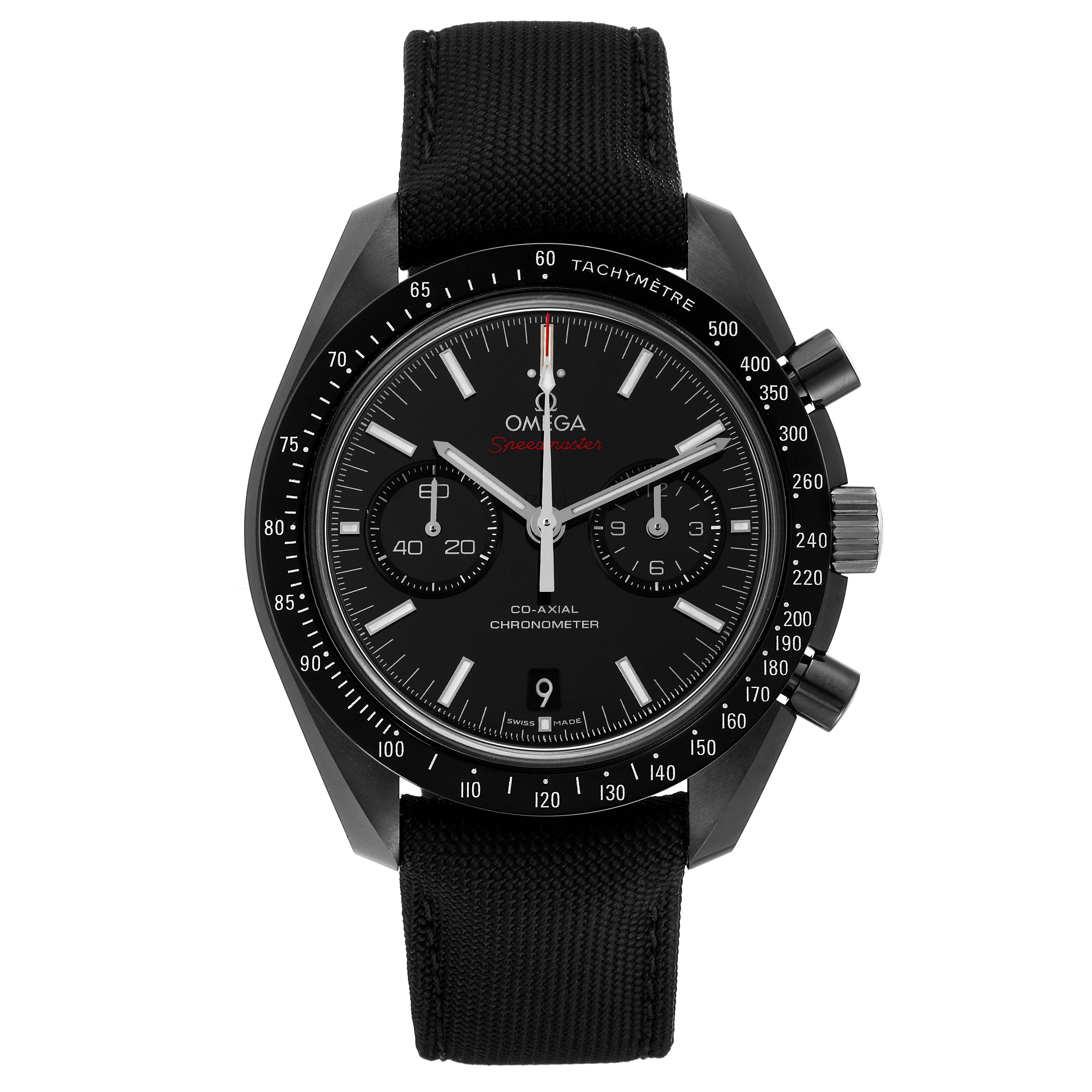 The image shows a front view of an Omega Speedmaster 311.92.44.51.01.007 Men's Ceramic Black Dial 311.92.44.51.01.007 Men's Ceramic Black Dial watch, highlighting its black dial, chronograph sub-dials, and tachymètre bezel.