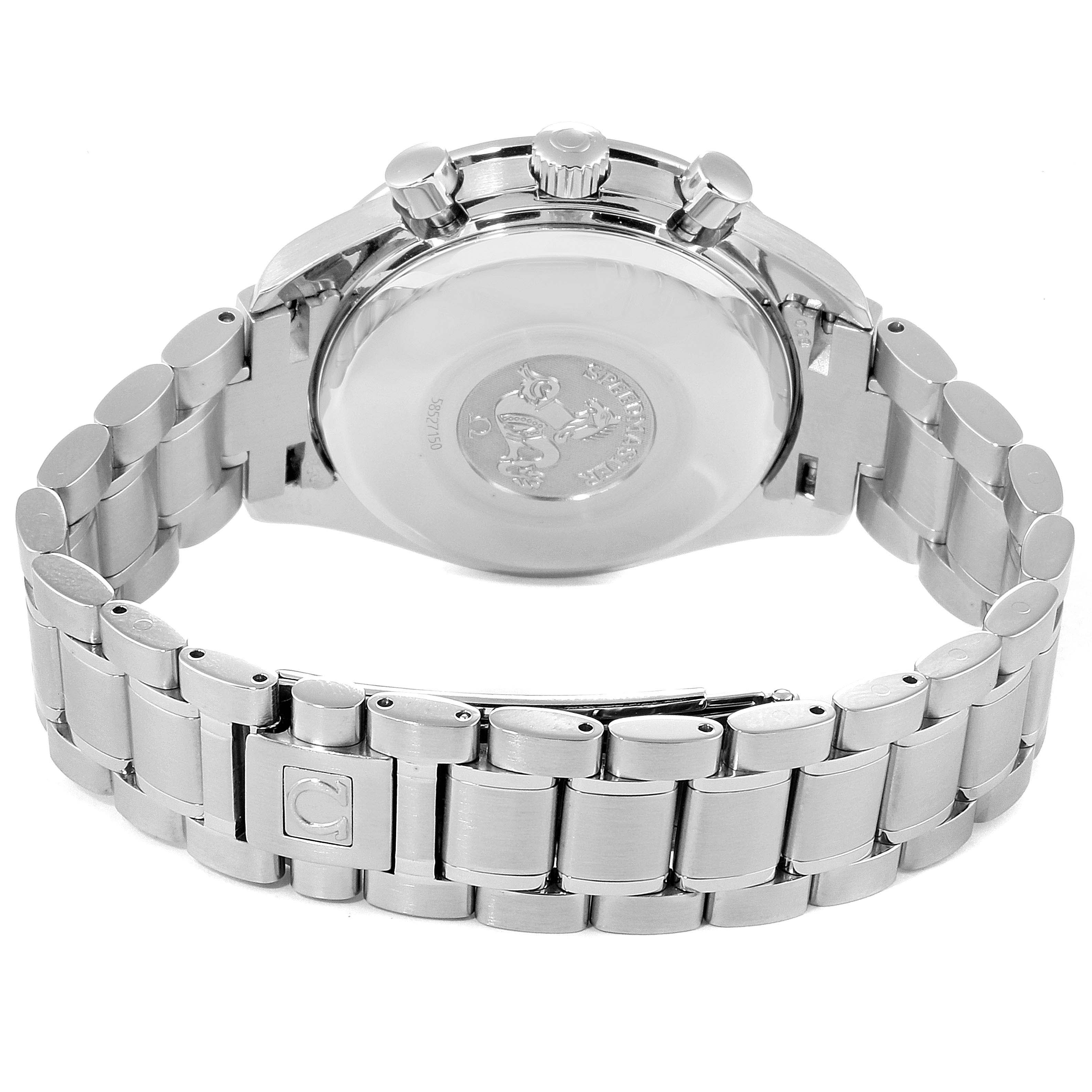 The Omega Speedmaster 3513.50.00 Men
s Stainless Steel Black Dial 3513.50.00 Men
s Stainless Steel Black Dial watch is shown from the back, highlighting the case back, bracelet, and clasp.