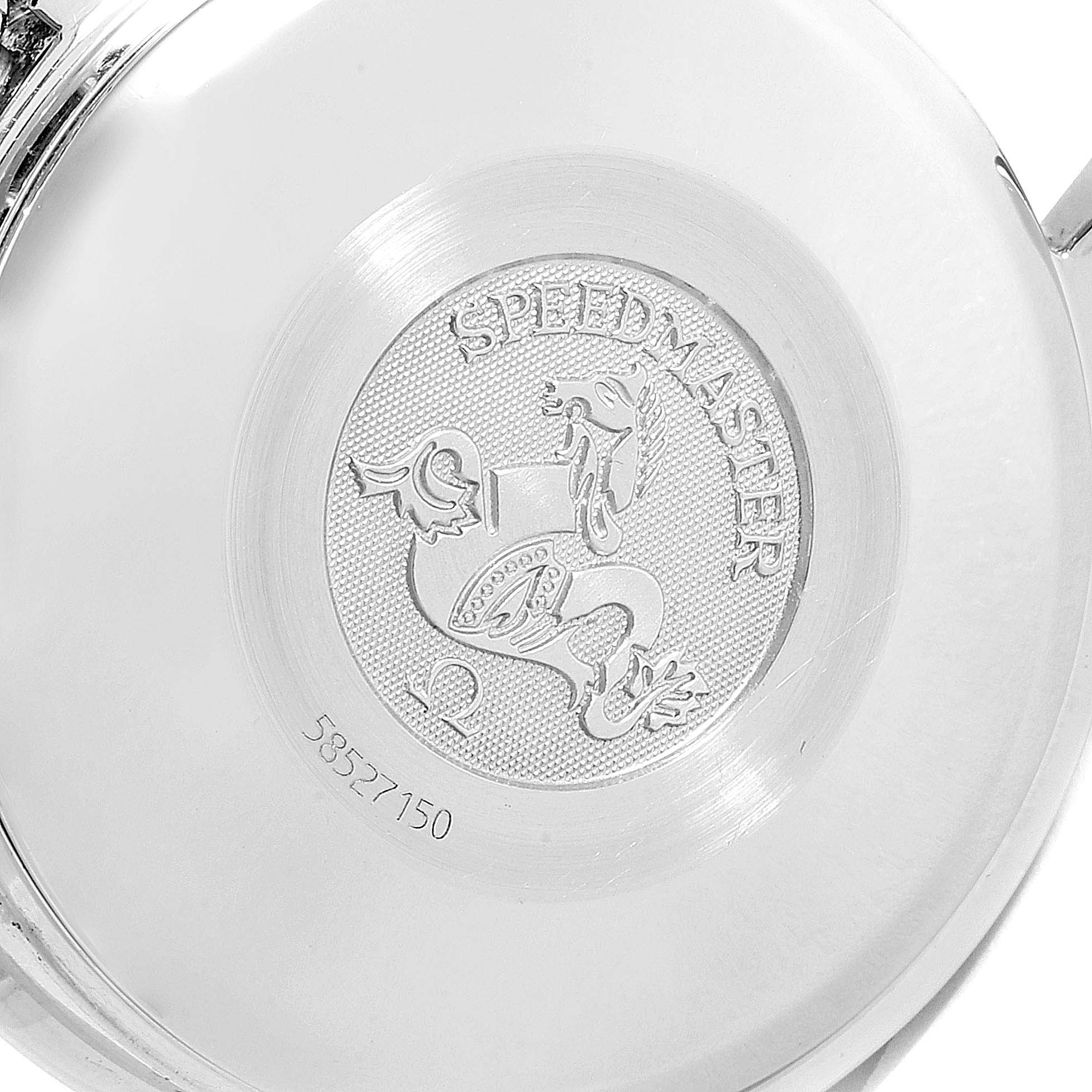 The image shows the engraved case back of an Omega Speedmaster 3513.50.00 Men
s Stainless Steel Black Dial 3513.50.00 Men
s Stainless Steel Black Dial watch from a slightly angled top-down view.