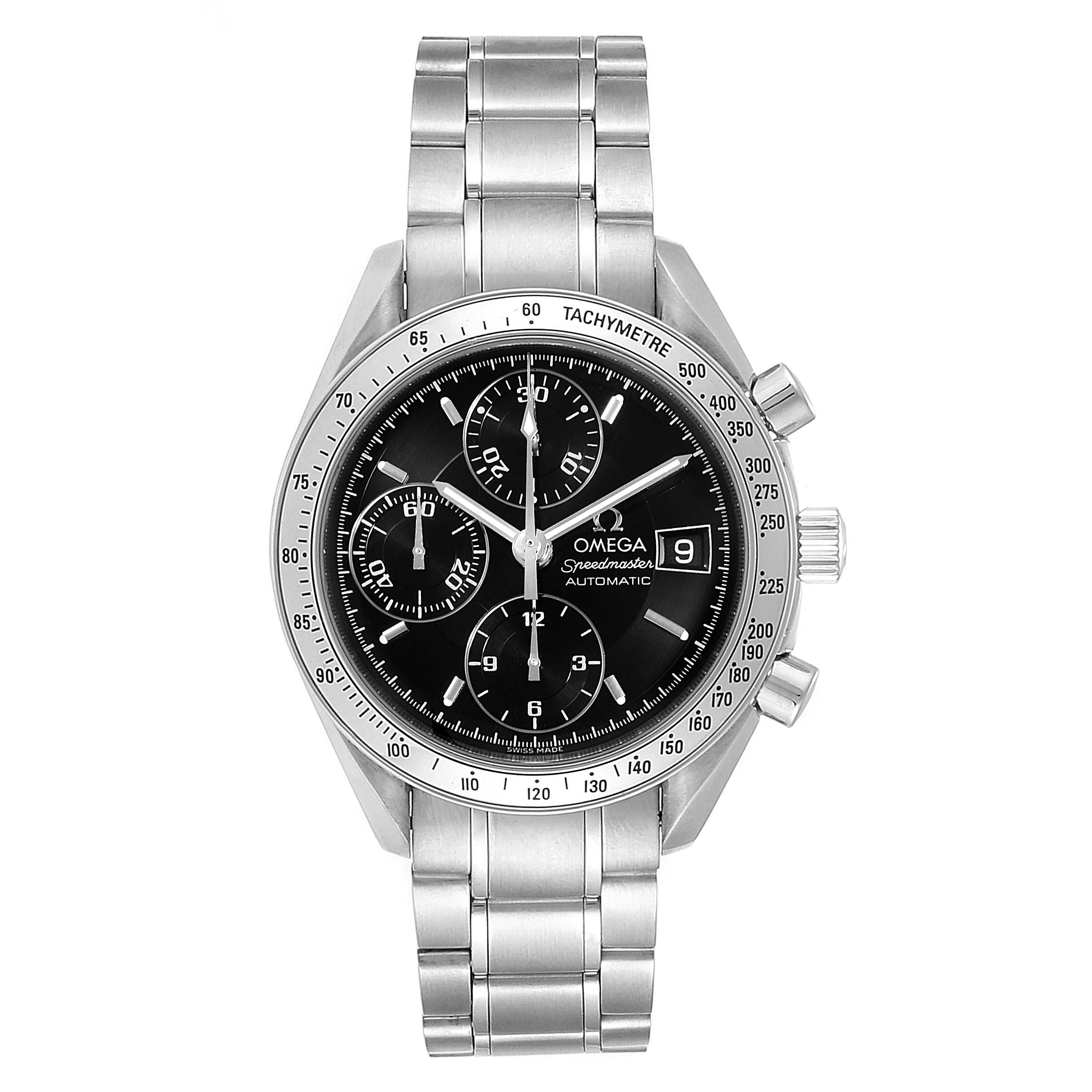 This image shows a front view of the Omega Speedmaster 3513.50.00 Men
s Stainless Steel Black Dial 3513.50.00 Men
s Stainless Steel Black Dial watch, detailing the watch face, bezel, and stainless steel bracelet.