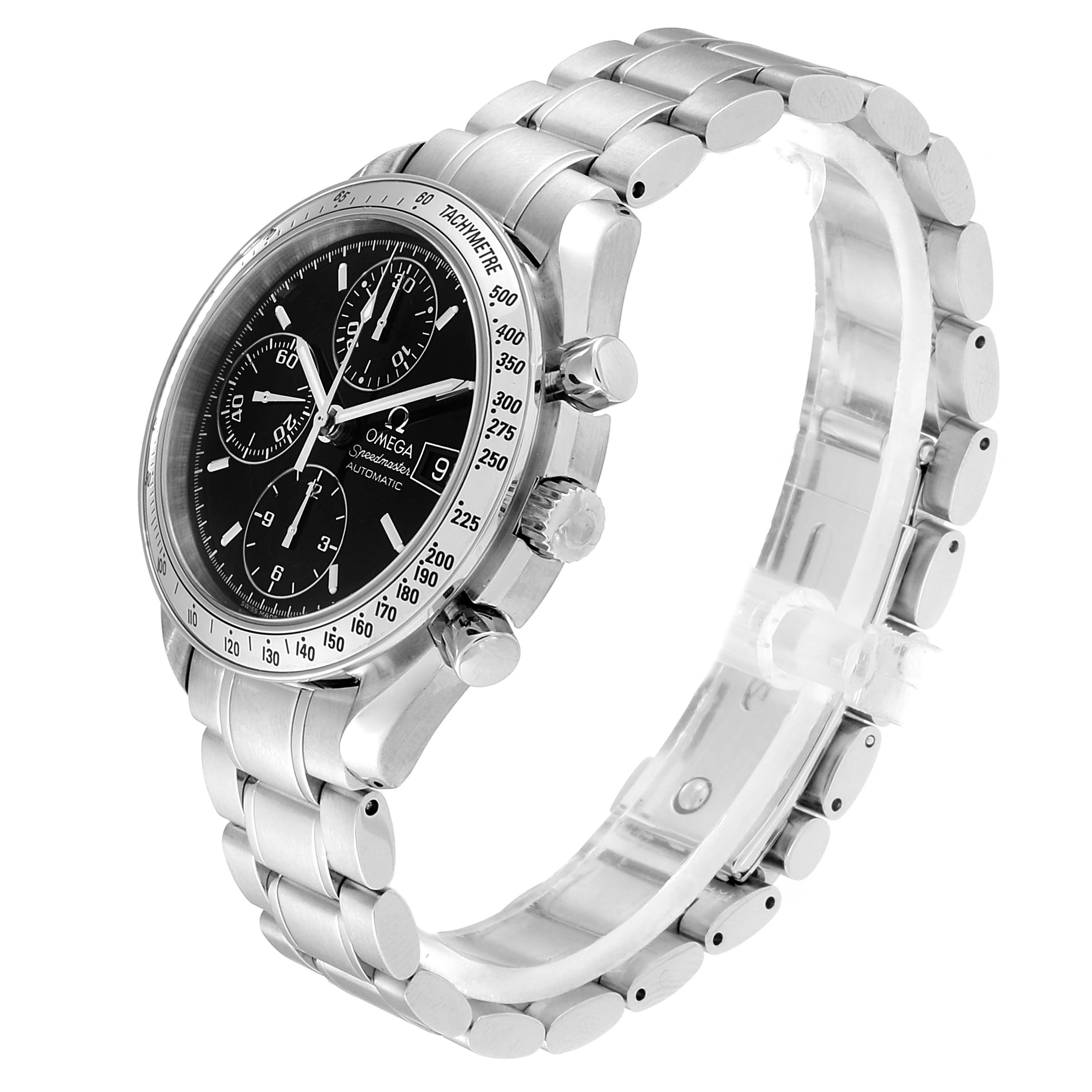 This image shows an angled side and front view of an Omega Speedmaster 3513.50.00 Men
s Stainless Steel Black Dial 3513.50.00 Men
s Stainless Steel Black Dial watch, highlighting its dial, bezel, and bracelet.