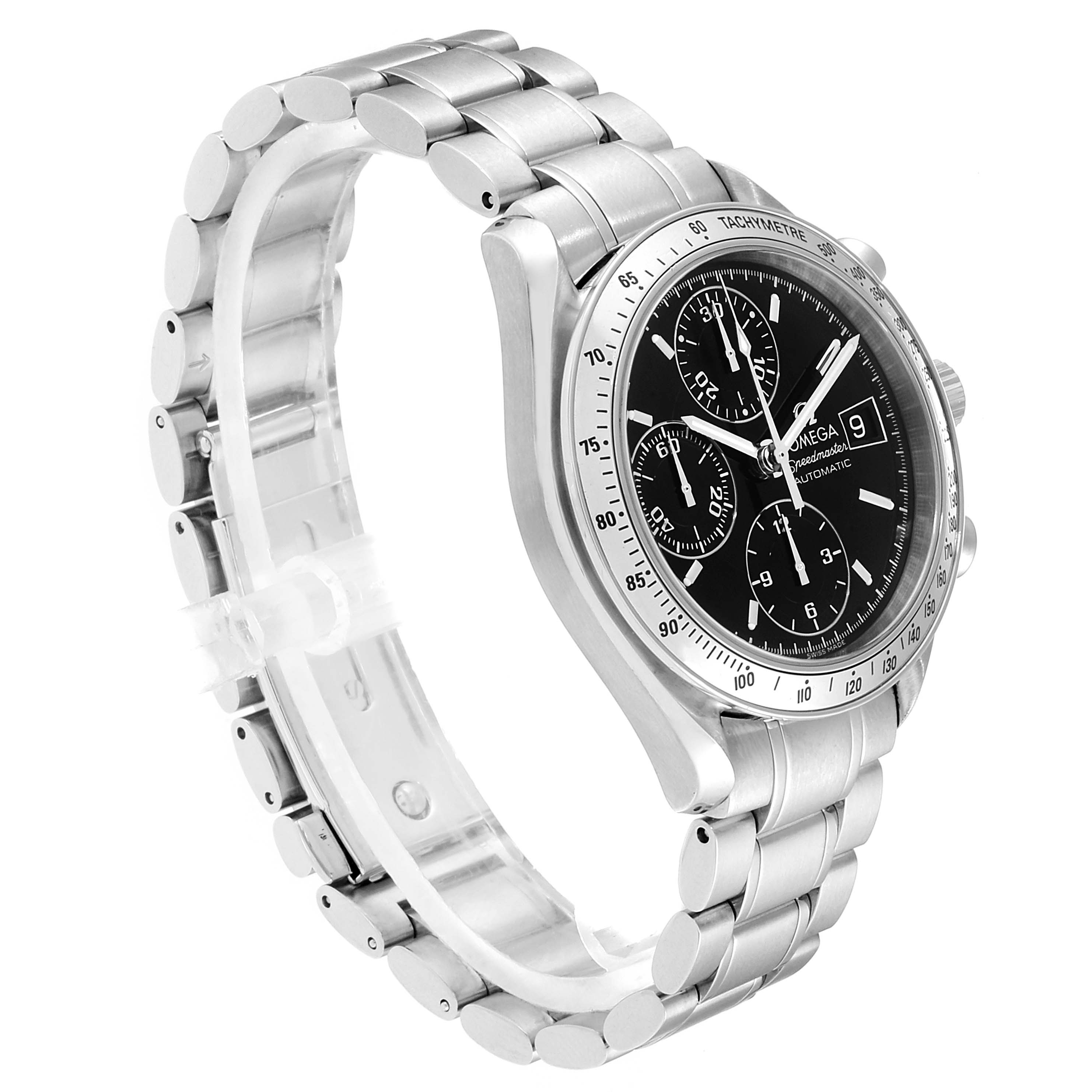 The image shows a side angle of an Omega Speedmaster 3513.50.00 Men
s Stainless Steel Black Dial 3513.50.00 Men
s Stainless Steel Black Dial, displaying its stainless steel bracelet and black dial.