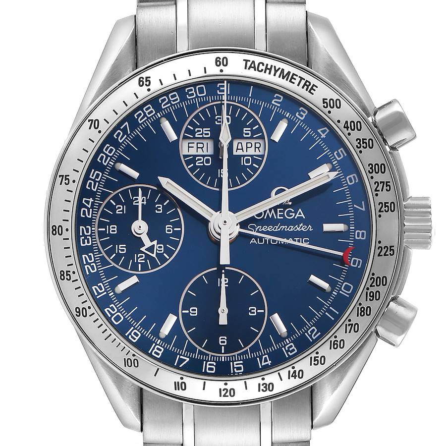 The Omega Speedmaster watch is shown from the front, highlighting the dial, tachymeter bezel, and bracelet.