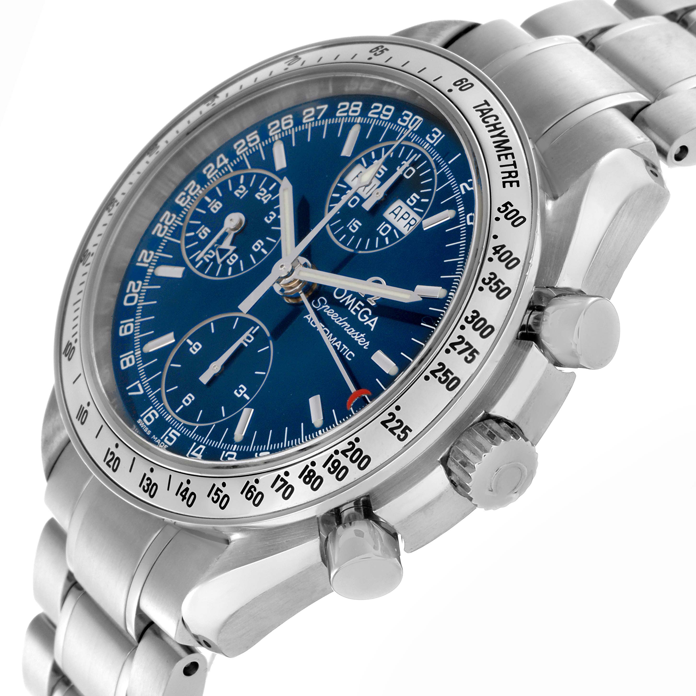 The Omega Speedmaster 3523.80.00 Men
s Stainless Steel Blue Dial 3523.80.00 Men
s Stainless Steel Blue Dial watch is shown from a side angle, highlighting the blue dial, tachymeter bezel, crown, and pushers.